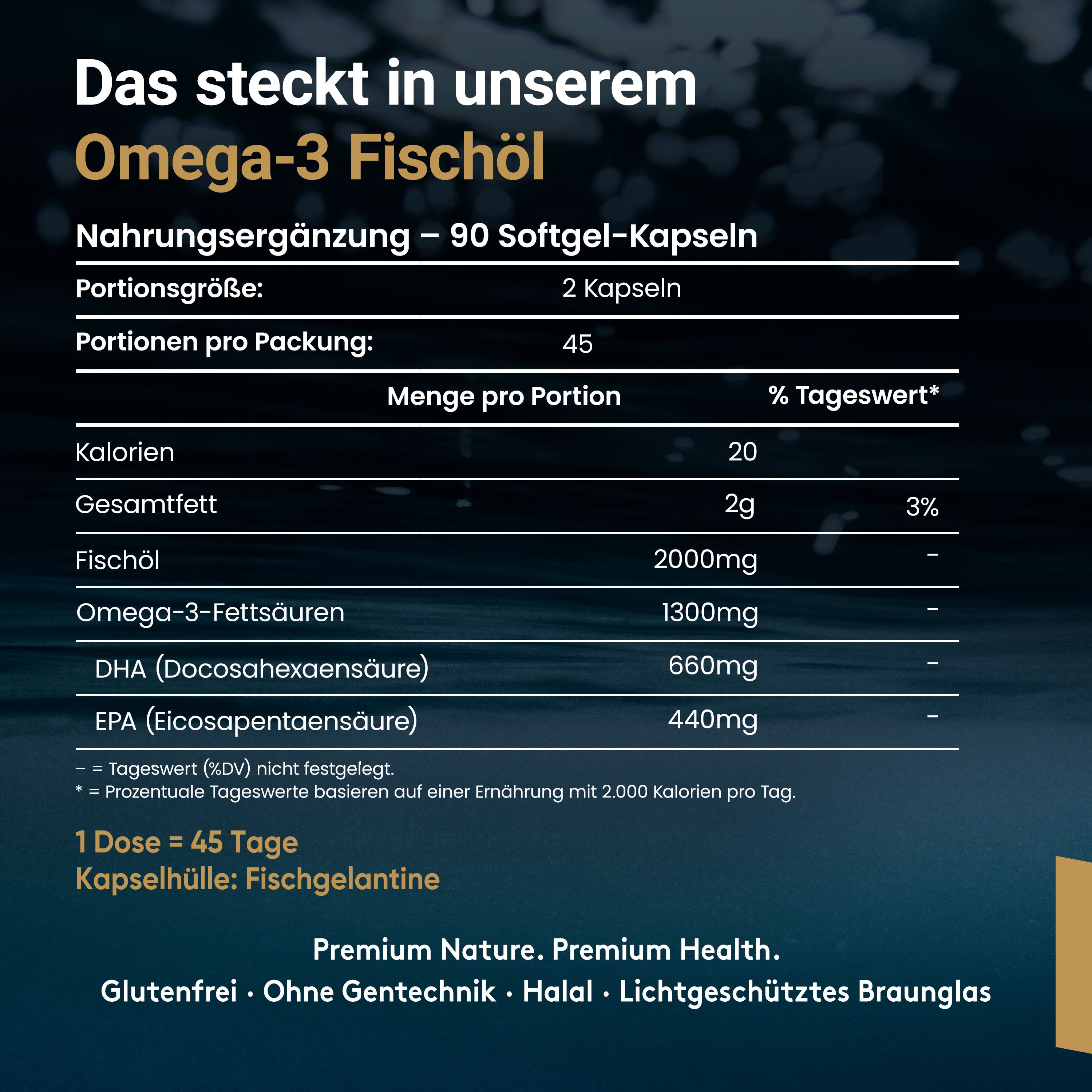 Complément alimentaire Oméga-3 Huile de poisson. Texte : 90 gélules. Portion : 2 gélules. Quantité par portion : 20 calories, 2g de matières grasses, 2000mg d'huile de poisson.