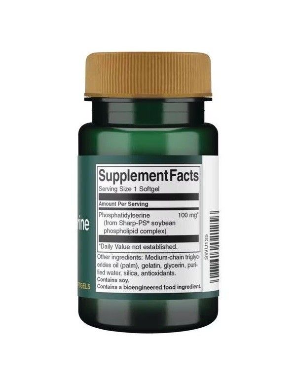 Arrière d'un flacon de 100 mg de Swanson Phosphatidylserine avec informations nutritionnelles.