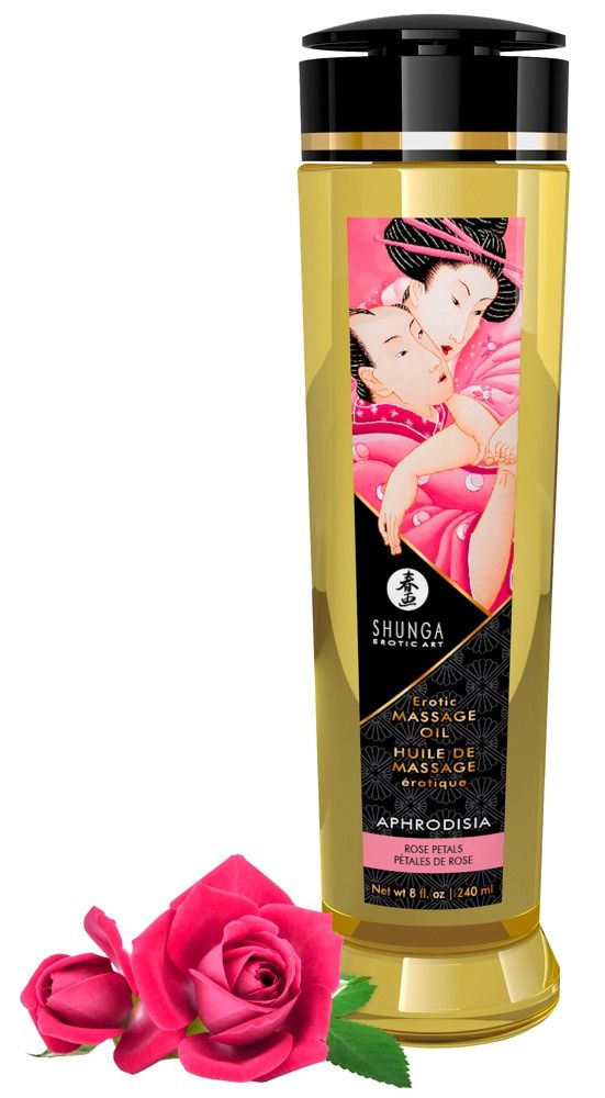 Shunga Massageolie Aphrodisia Rozen, gouden fles, met twee rozen ervoor.