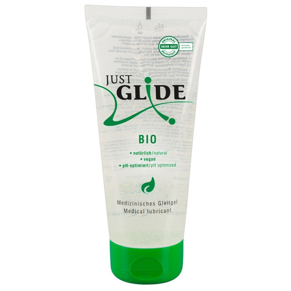 Tube transparent avec bouchon vert. Inscription: JUST GLIDE BIO. Contient un lubrifiant végétalien et pH optimisé. Label: Très bon.