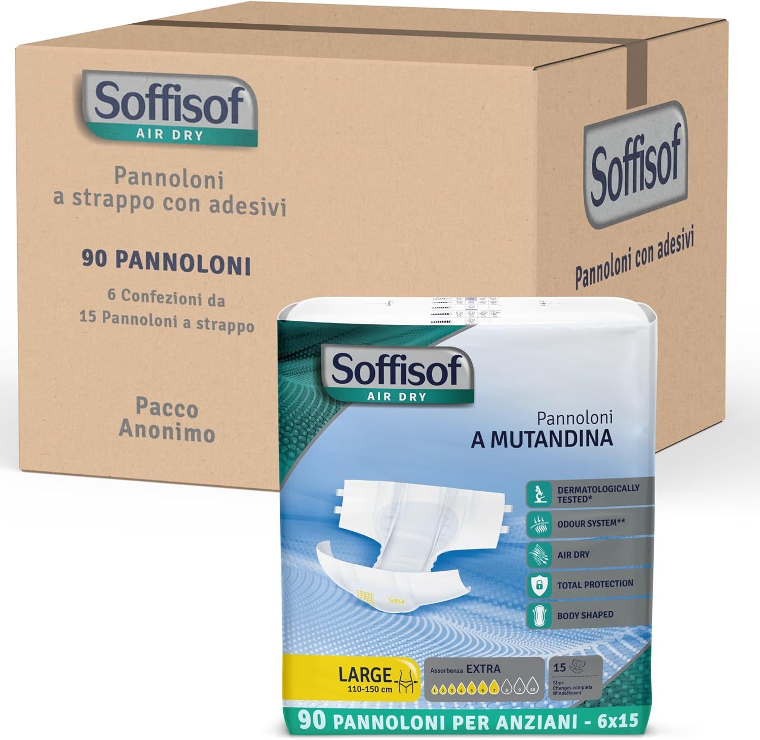 Soffisof Air Dry Volwassen luiers Extra. Verpakking van 90 stuks en doos. Opschrift: Pannoloni a strappo con adesivi.