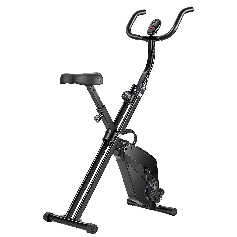 Vélo d'appartement pliable noir. Selle, guidon, pédales et écran. Cadre métallique.
