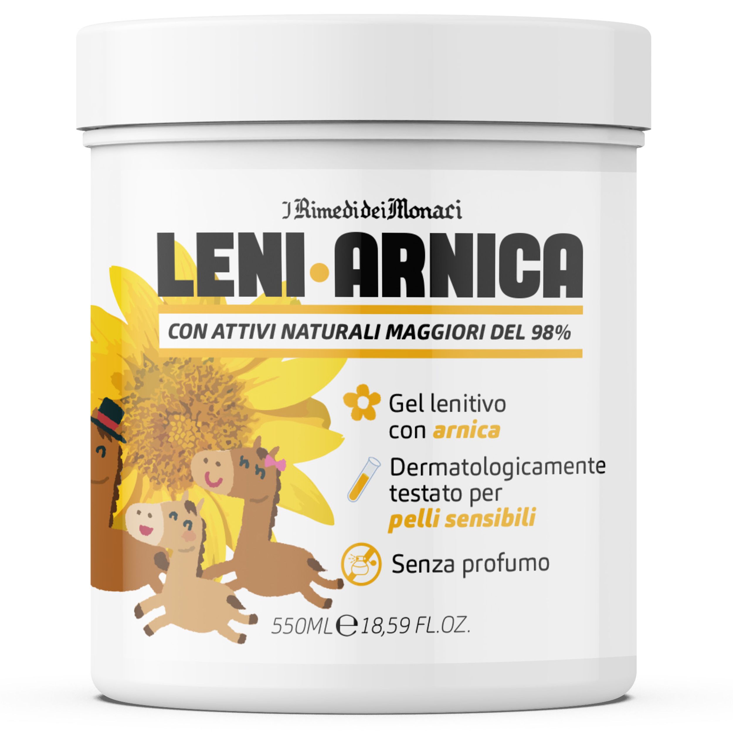 Witte pot met tekst. Gel Arnica Lenitivo, dermatologisch getest, zonder parfum. Met zonnebloemen en logo.
