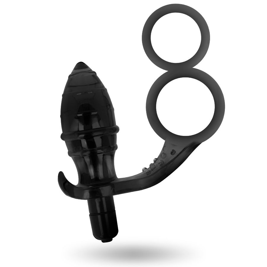 Zwarte anale plug met dubbele peniele ring, van flexibel materiaal.