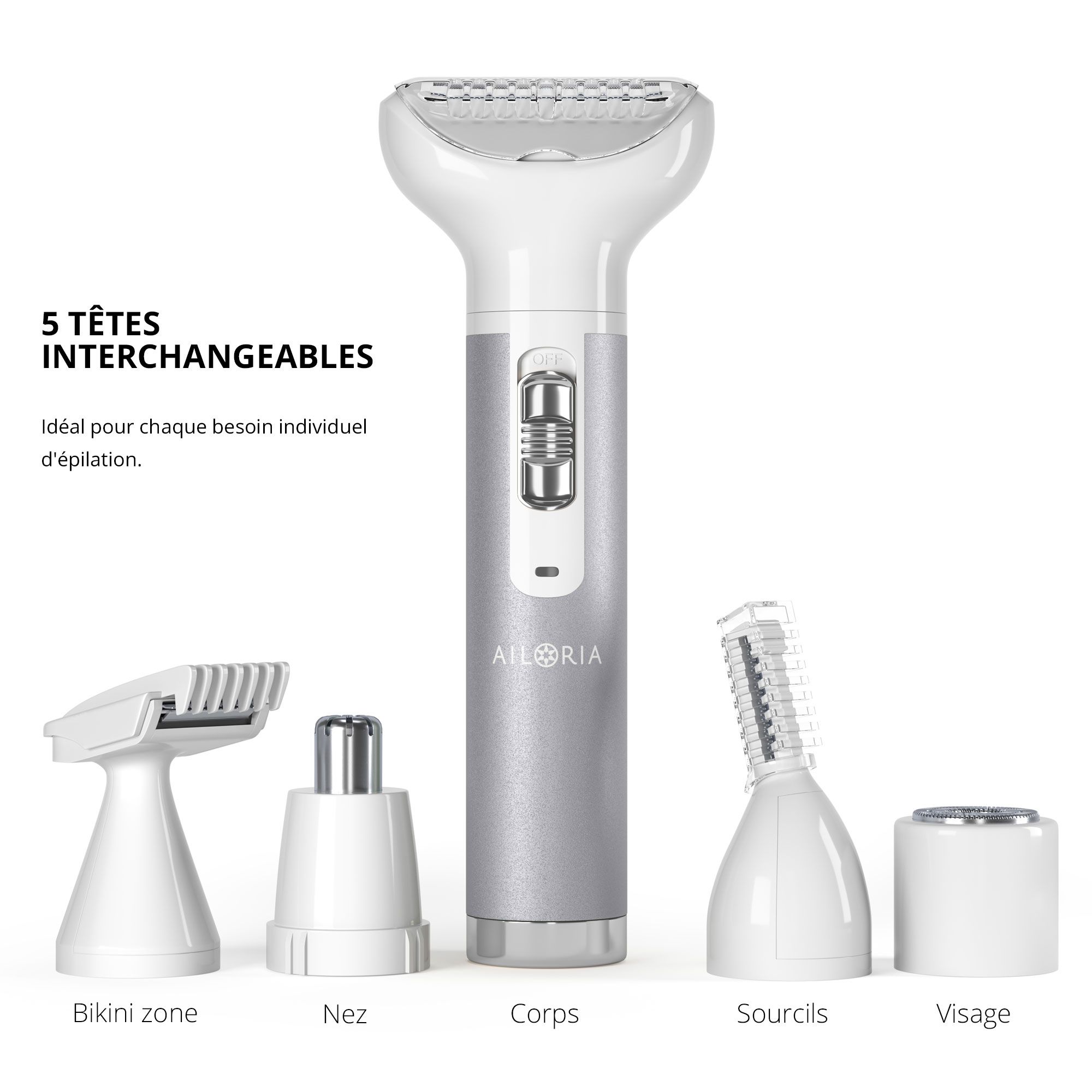 Set AILORIA EVAPORE avec cinq accessoires. Accessoires pour corps, visage, sourcils, nez et zone du maillot. Manche argenté.