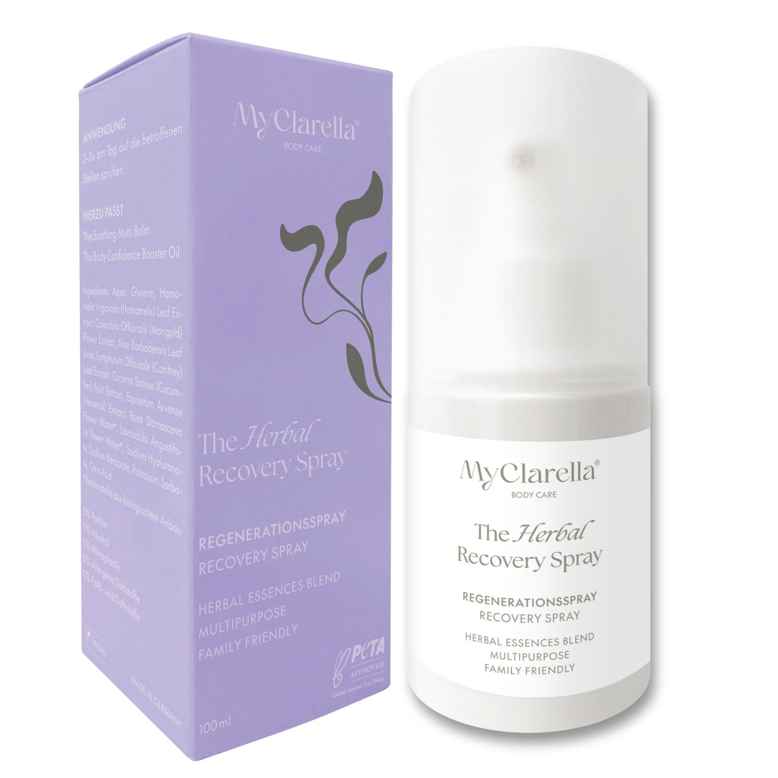 Sprayfles en doos. Regeneratiespray. Kruidenessentiemengsel. Multifunctioneel. Familievriendelijk. PETA-logo. 100ml.