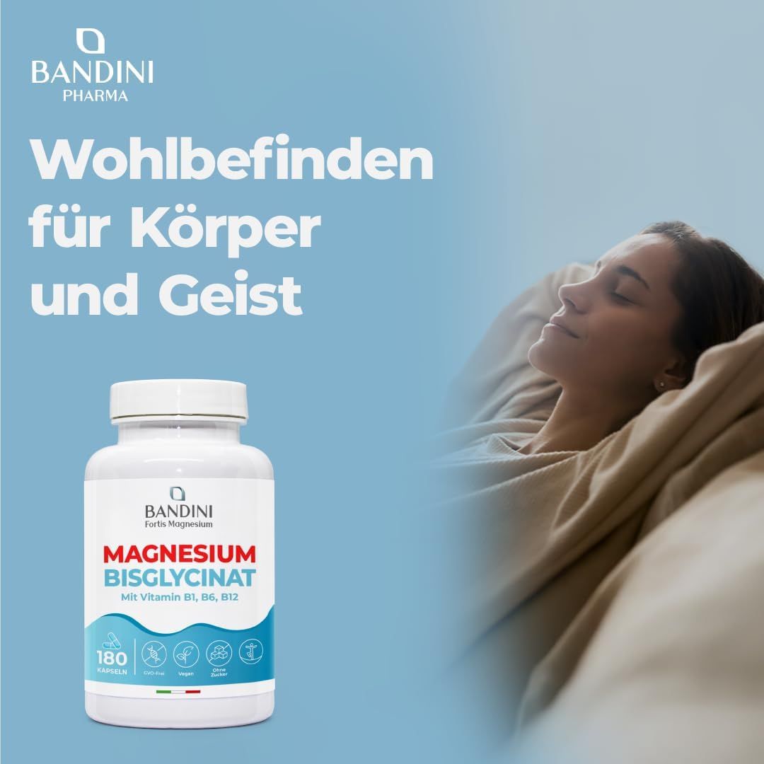Flacon blanc de Bandini Magnesium Bisglycinate. Inscription : Magnesium Bisglycinate, Vitamine B1, B6, B12. 180 gélules.