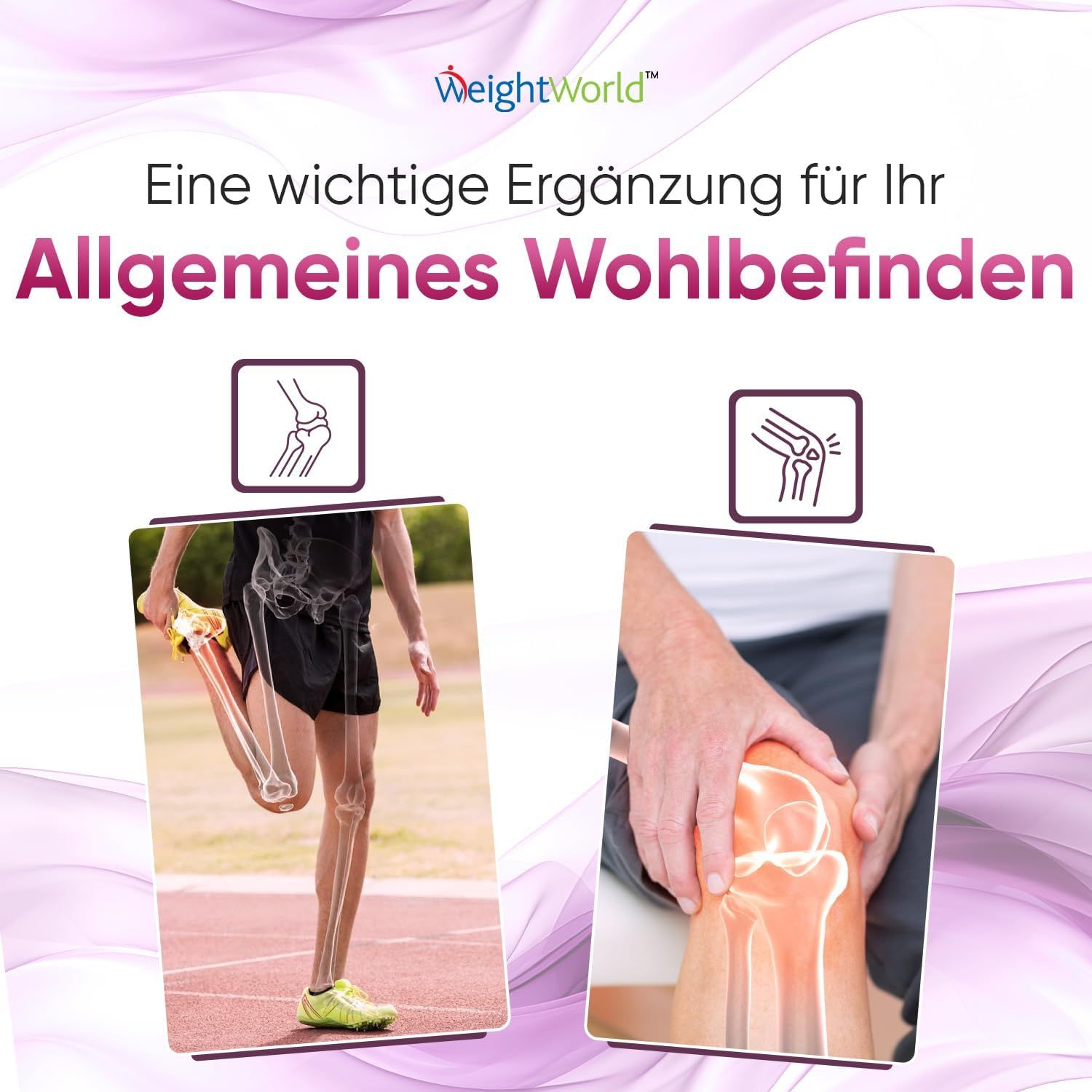 Illustraties van knie en been. Tekst: Algemeen welzijn. Merk: WeightWorld.