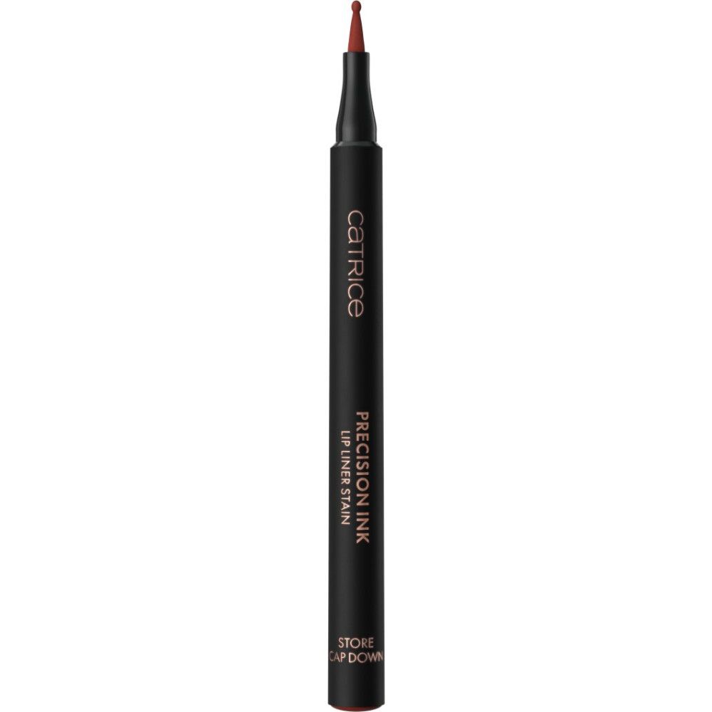 Zwarte lipliner pen met fijne punt, met opschrift 'CATRICE PRECISION INK LIP LINER STAIN'.