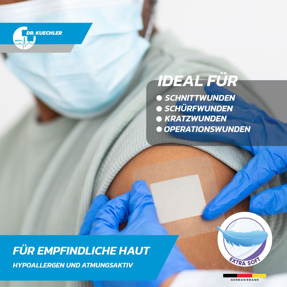 Personne avec pansement sur le bras. Inscription: idéal pour coupures, écorchures, égratignures et plaies opératoires.