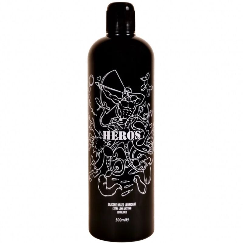 Bouteille noire avec logo "HEROS", "Silicone based lubricant" et indication "500ml".