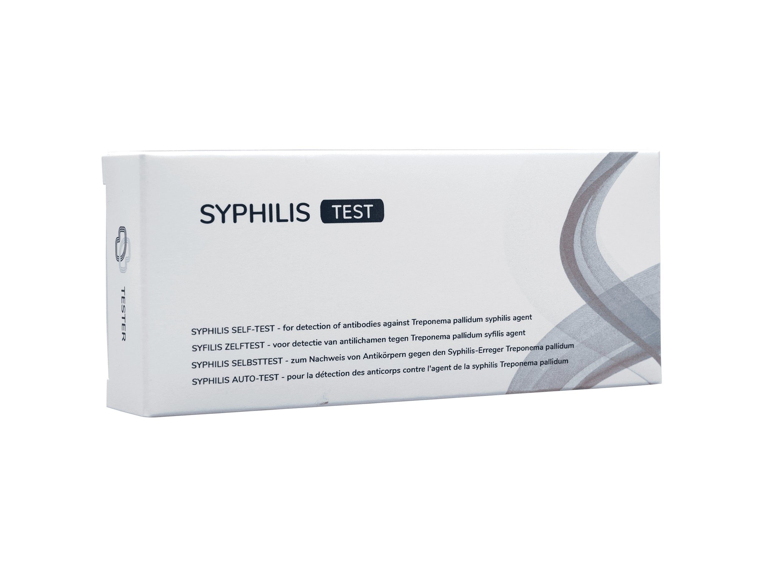 Verpakking van een syfilistest met productinformatie in meerdere talen.