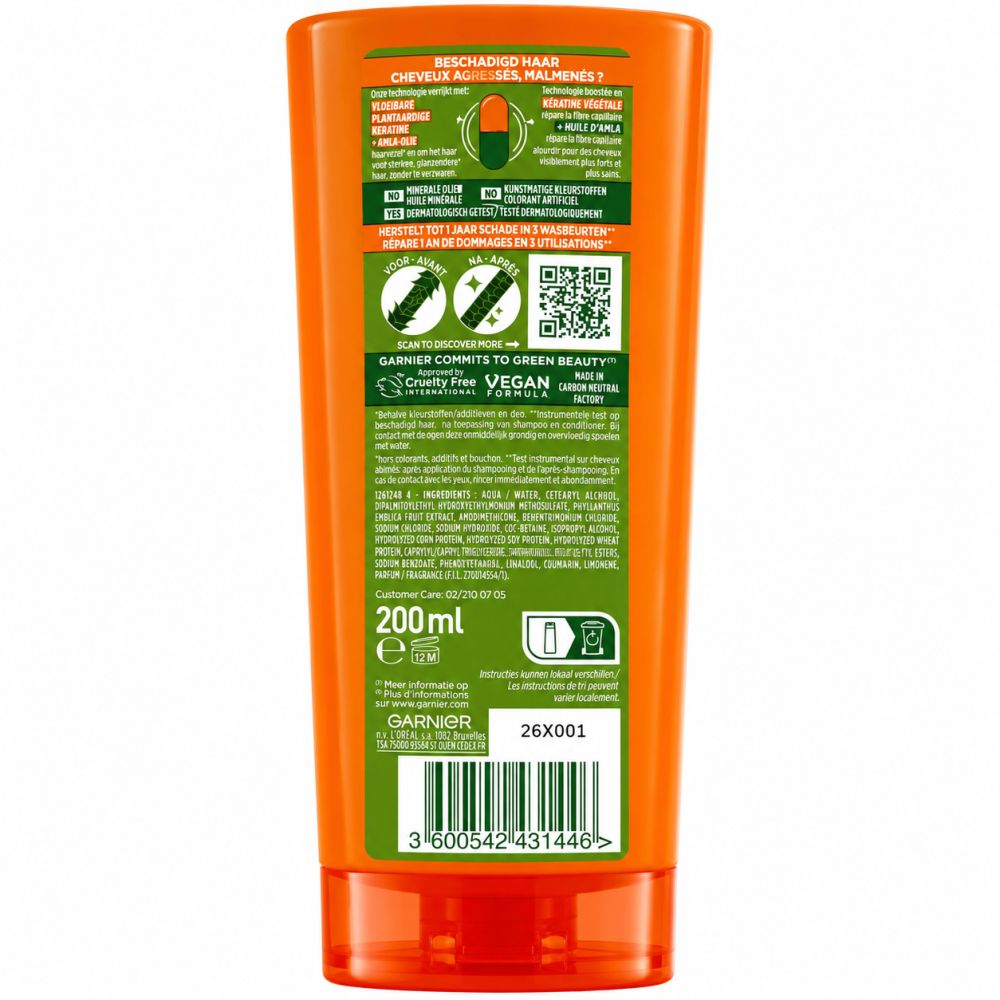 Achterkant Garnier haarcrème, 200ml, vegan, dierproefvrij.