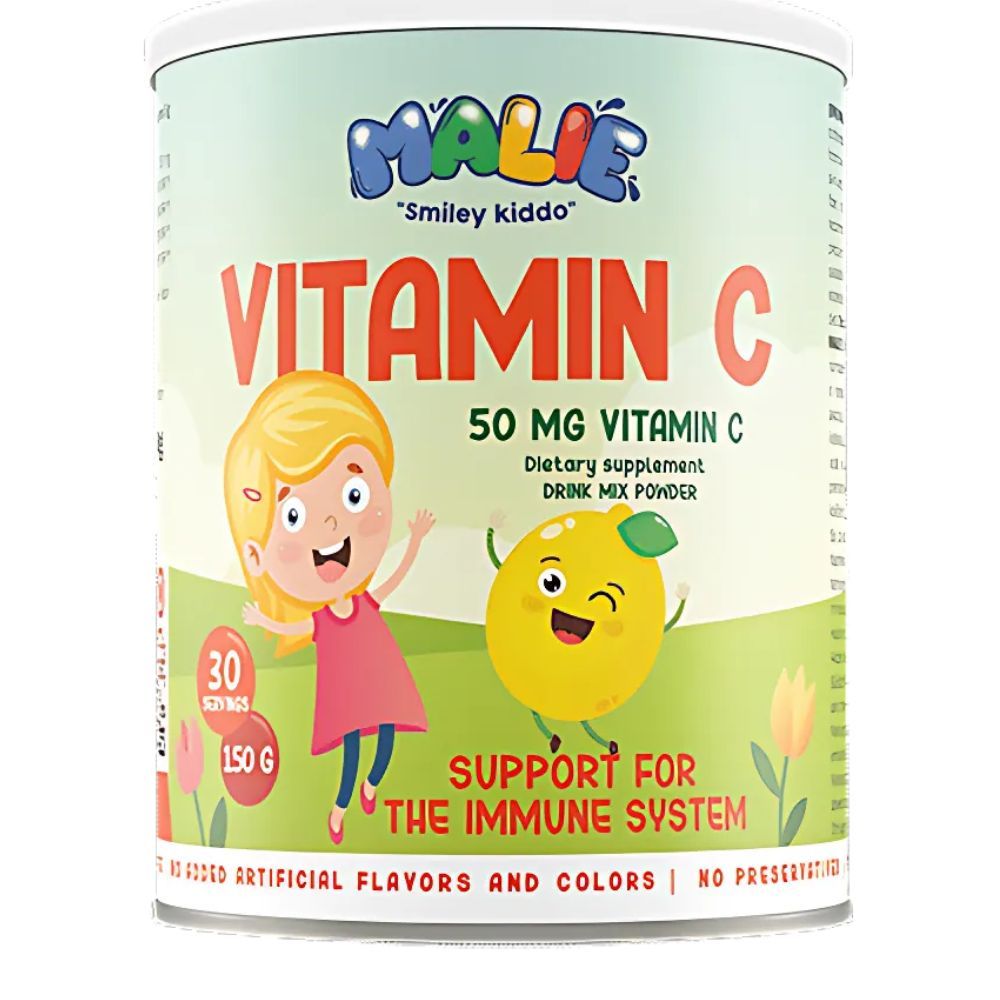 Boîte ronde de MALIE Vitamin C. Inscription : 50 MG Vitamin C, Dietary supplement, Drink Mix Powder. Illustrations : enfant et citron.