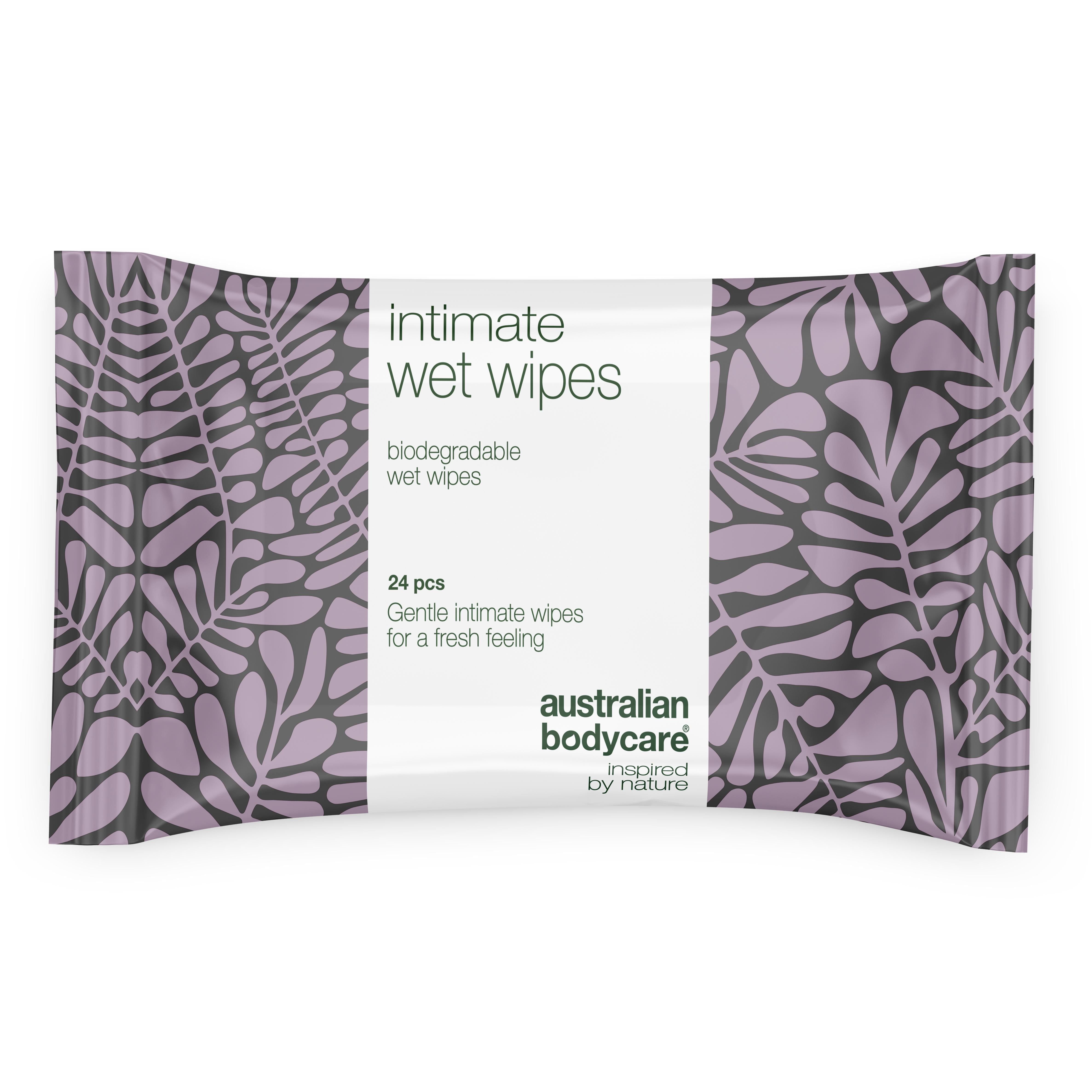 Lingettes intimes. 24 pièces. Biodégradables. Emballage avec motif floral et informations produit.