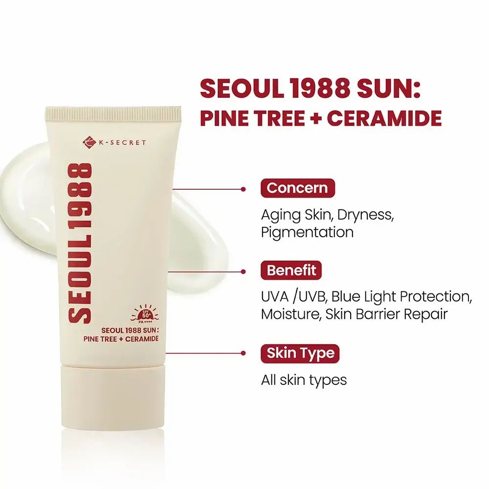 Infographie : SEOUL 1988 SUN: PINE TREE + CERAMIDE. Détails sur les préoccupations, les avantages et le type de peau.