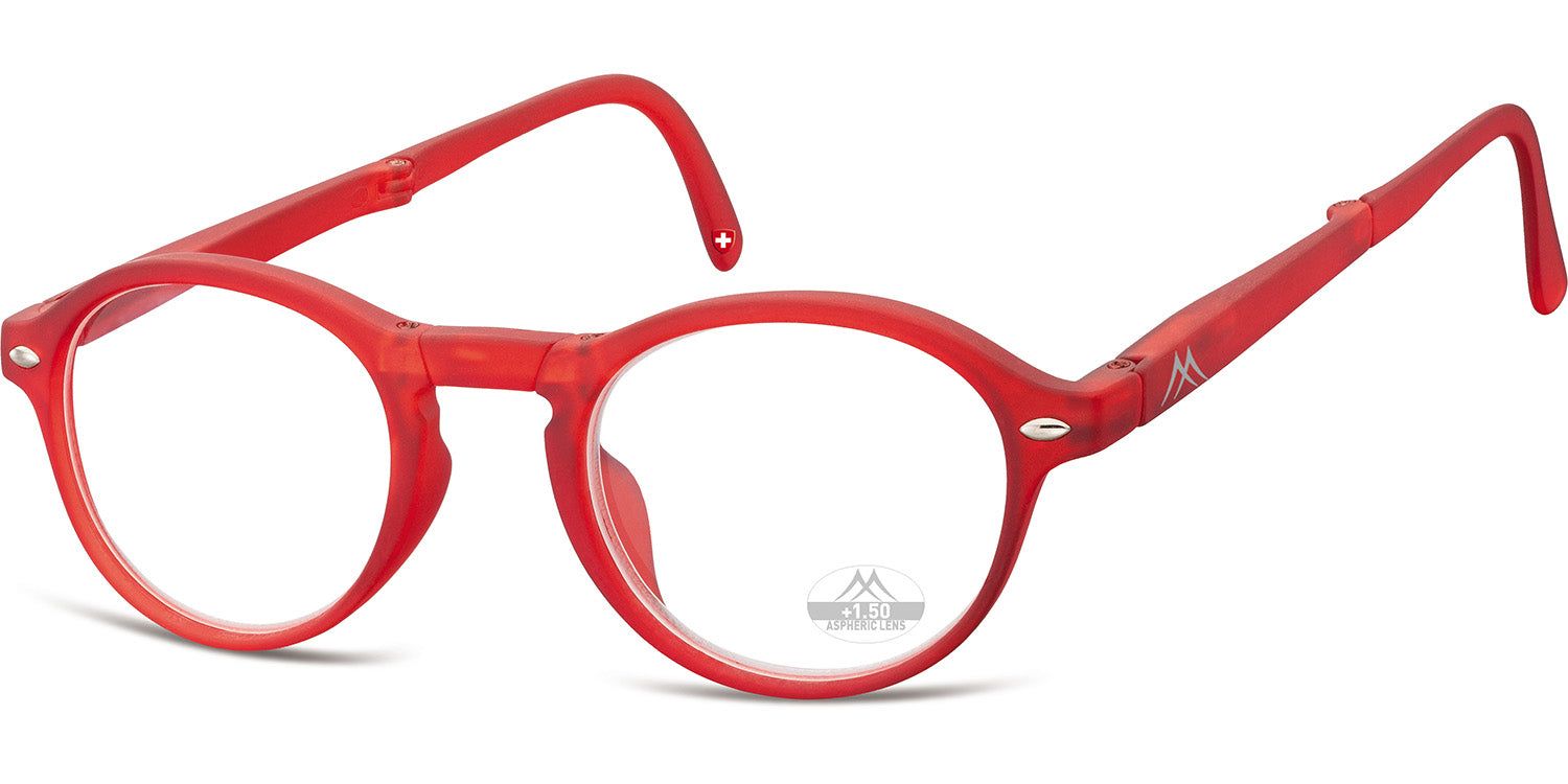 Lunettes de lecture rouges, rondes, partiellement pliées. Branches et monture en plastique. Logo et marquages visibles.