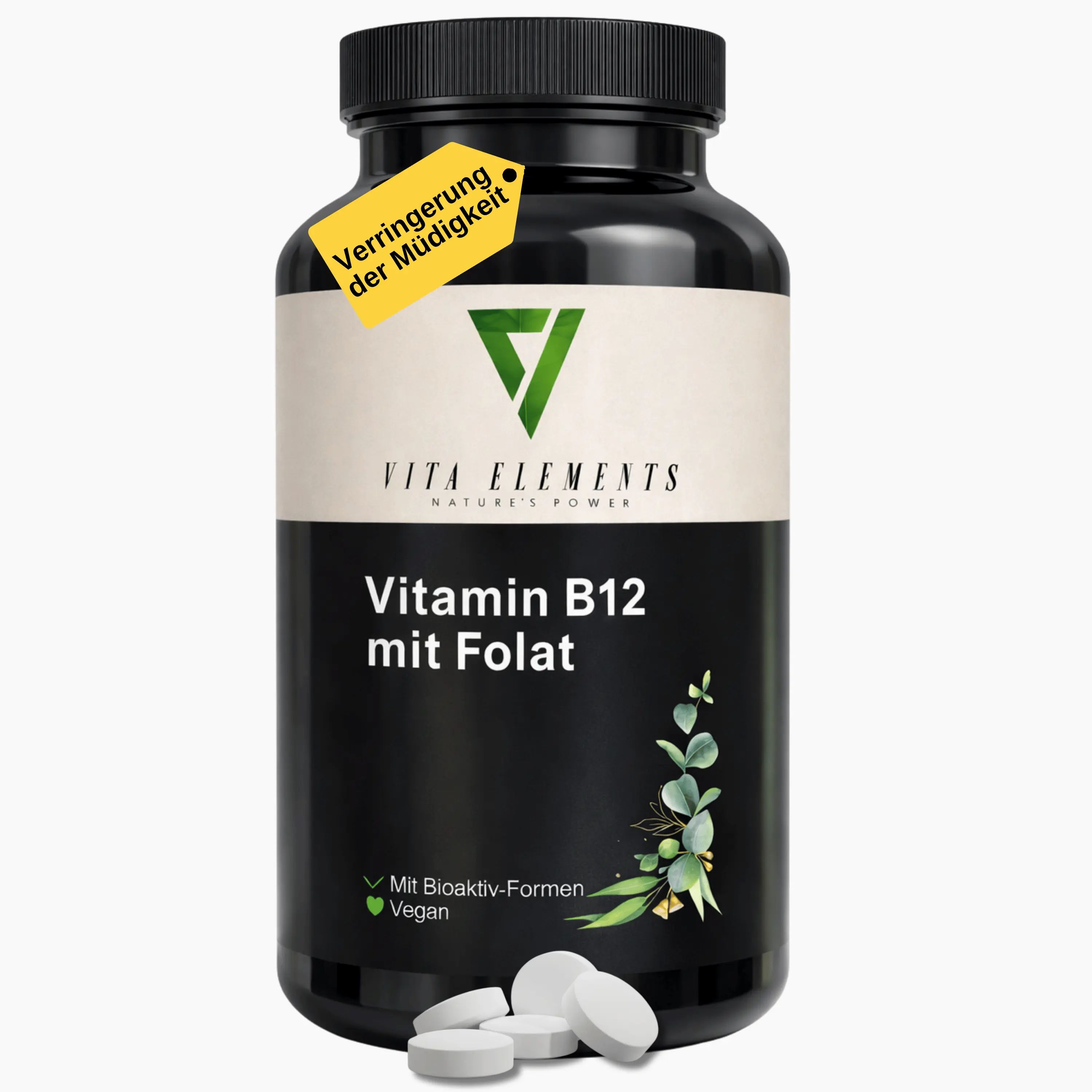 Zwarte container met Vita Elements Vitamine B12 met Folate tabletten en gele sticker.