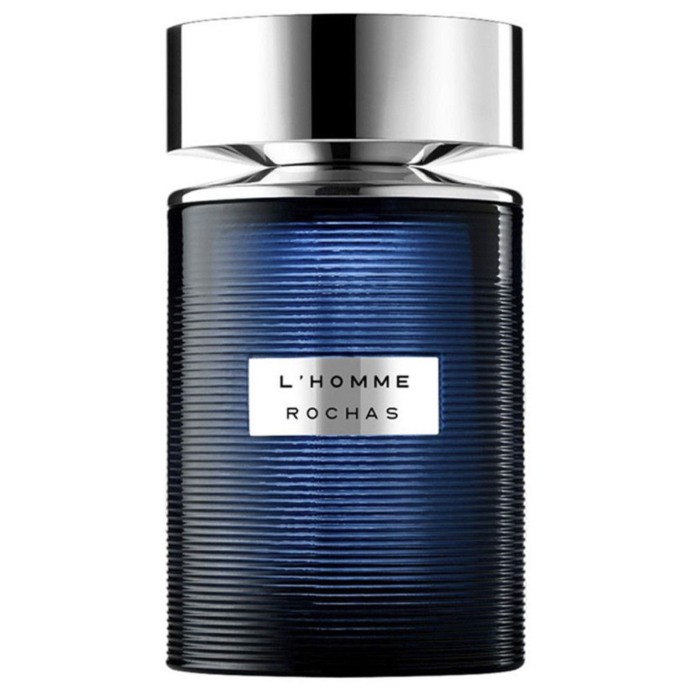 Flacon L'Homme Rochas Eau de Toilette avec bouchon argenté et verre bleu côtelé.