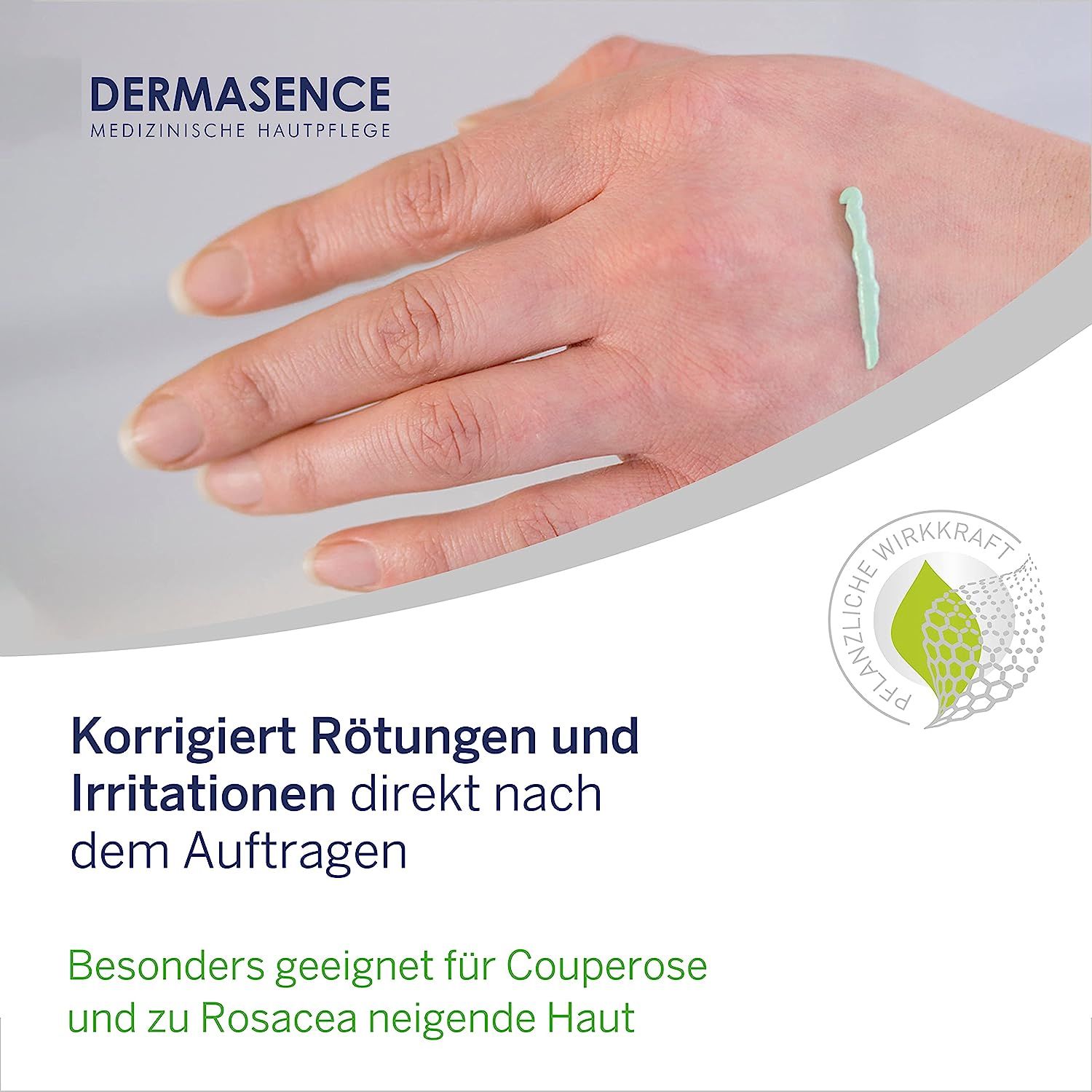 Main avec bande verte. Texte : Corrige les rougeurs et irritations. Convient à la couperose et à la peau à rosacée.