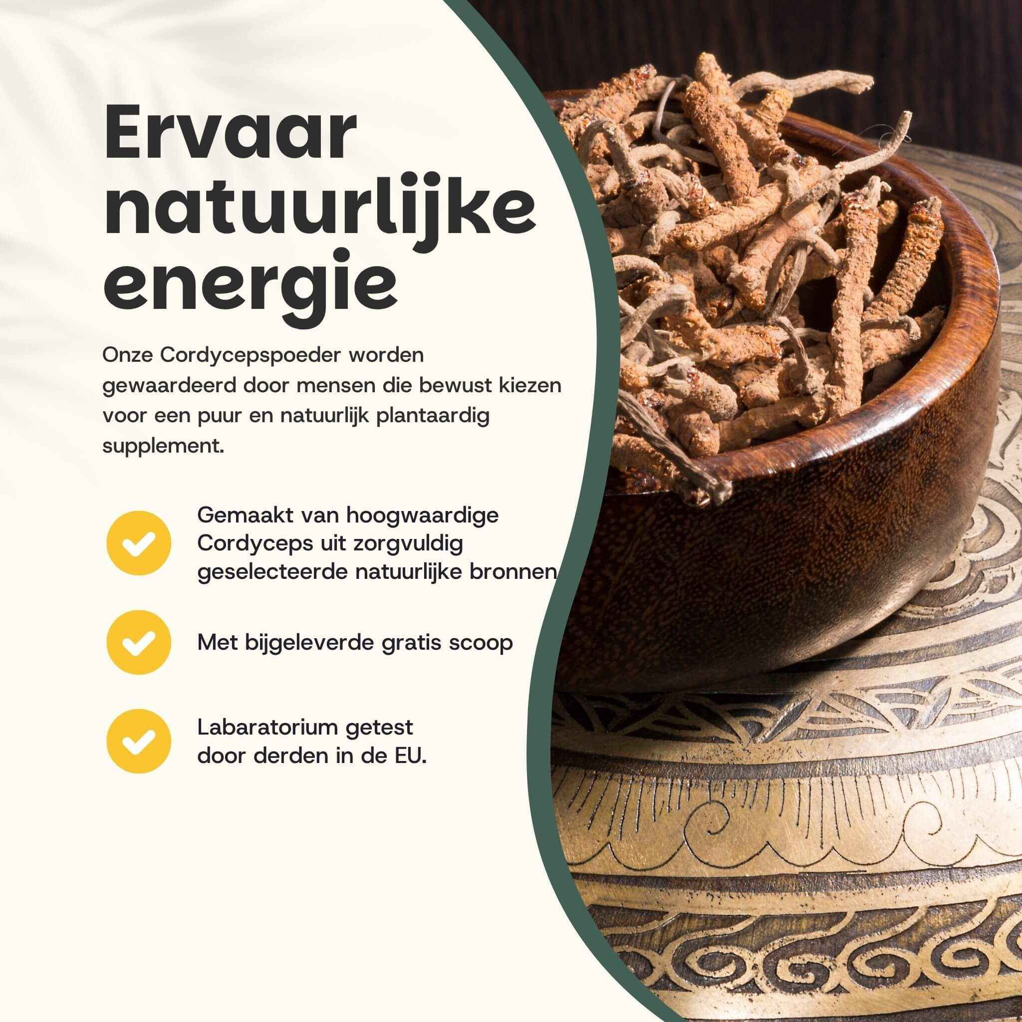 Cordyceps paddenstoelen in een houten kom. Tekst: Erleben Sie natürliche Energie. Incl. lepel. Laboratorium getest.