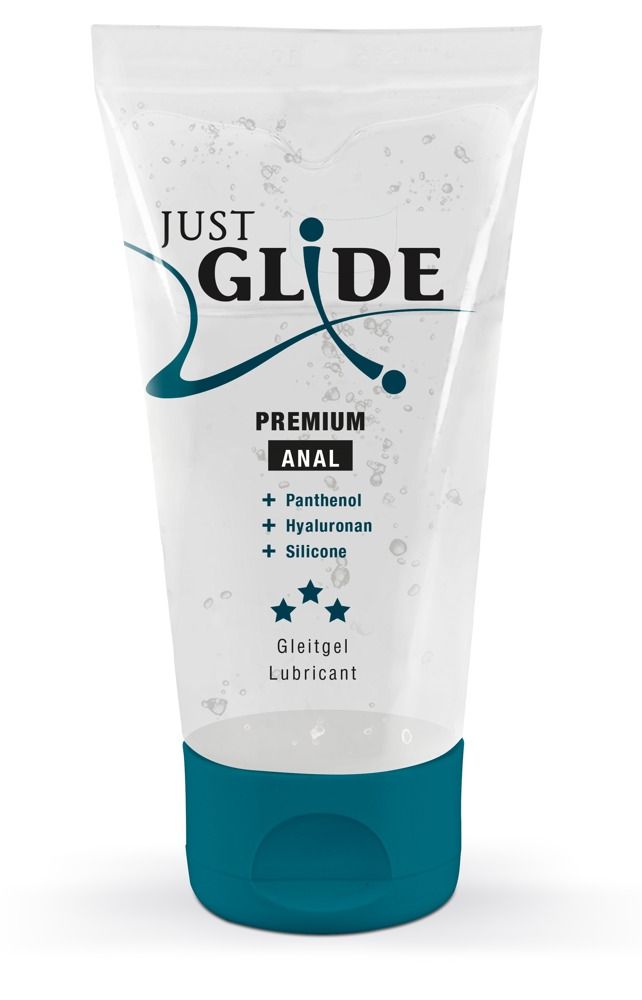 Tube avec inscription: Just Glide Premium Anal. Contient: Panthénol, Hyaluronan, Silicone. Lubrifiant médical. Bouchon turquoise.