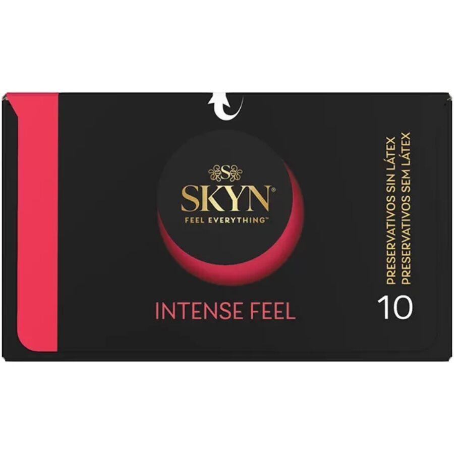 Emballage noir avec accent rouge et logo. Contient 10 unités. Texte : 'Intense Feel' et 'sans latex'.