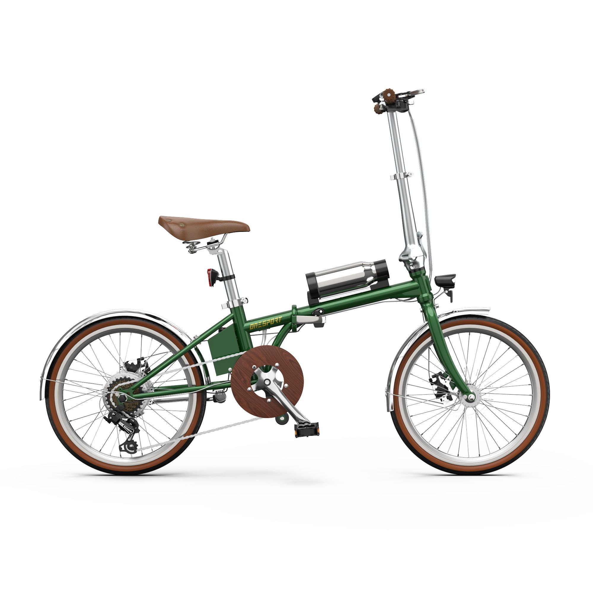 Groene vouwfiets met bruine banden en zadel. Zilveren spatborden, bagagerek en stuur. Accu op het frame.