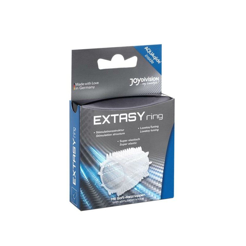 EXTASYring met stimulatiestructuur, super elastisch, in geopende verpakking.
