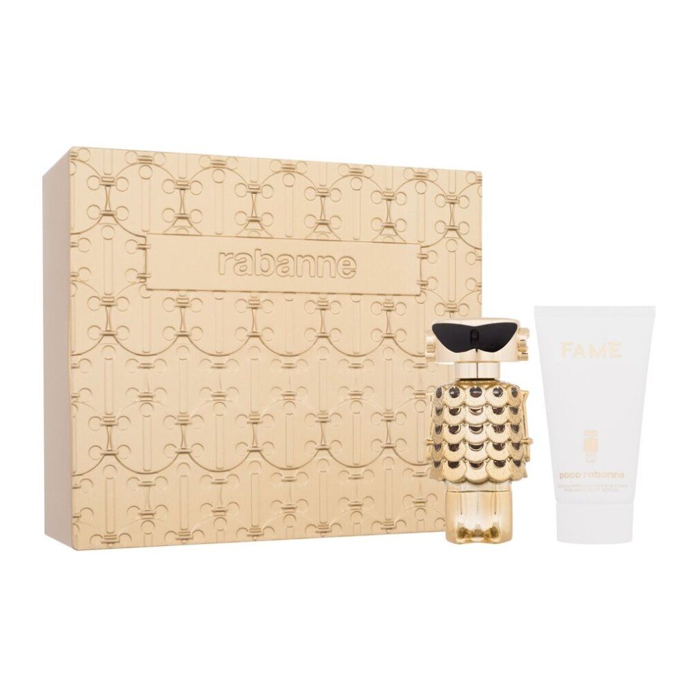 Gouden Rabanne geschenkverpakking met Fame parfumfles en tube. Opschrift "FAME". 