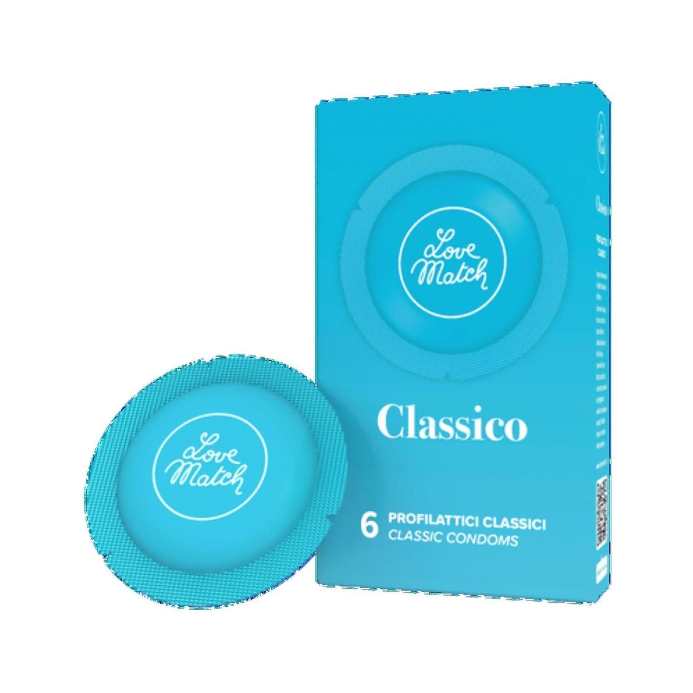 Préservatif bleu et boîte "Love Match Classico". 6 préservatifs. Texte: "Profilattici classici Classic Condoms".