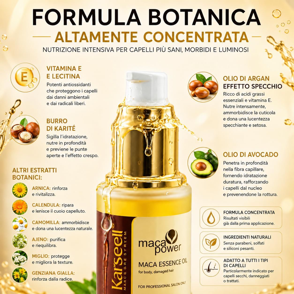 Fles met gouden haarolie, merk Karseeell, Maca Power, geconcentreerde formule.
