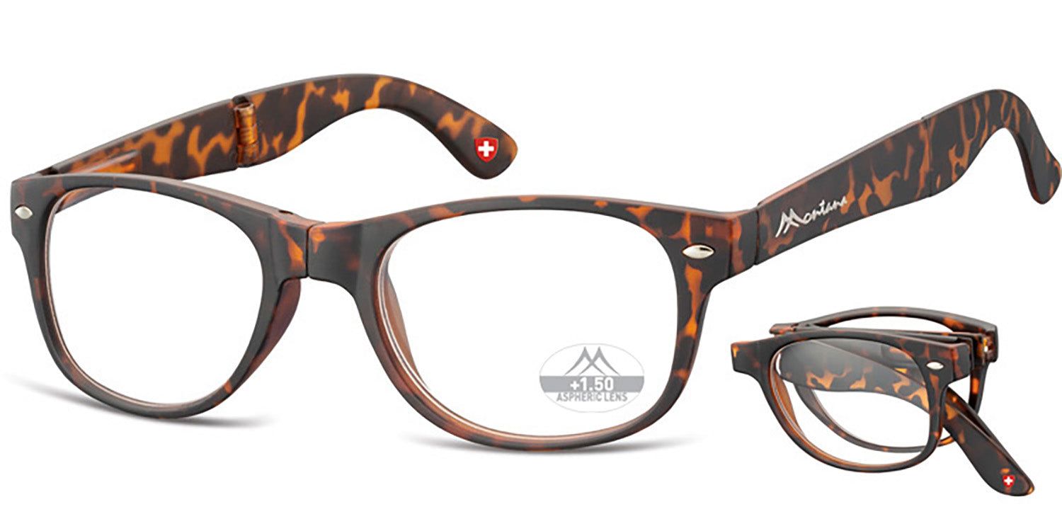Opvouwbare leesbril, bruin montuur, +1.50 dioptrie. Gevouwen ernaast. Montana-logo, Zwitsers kruis.
