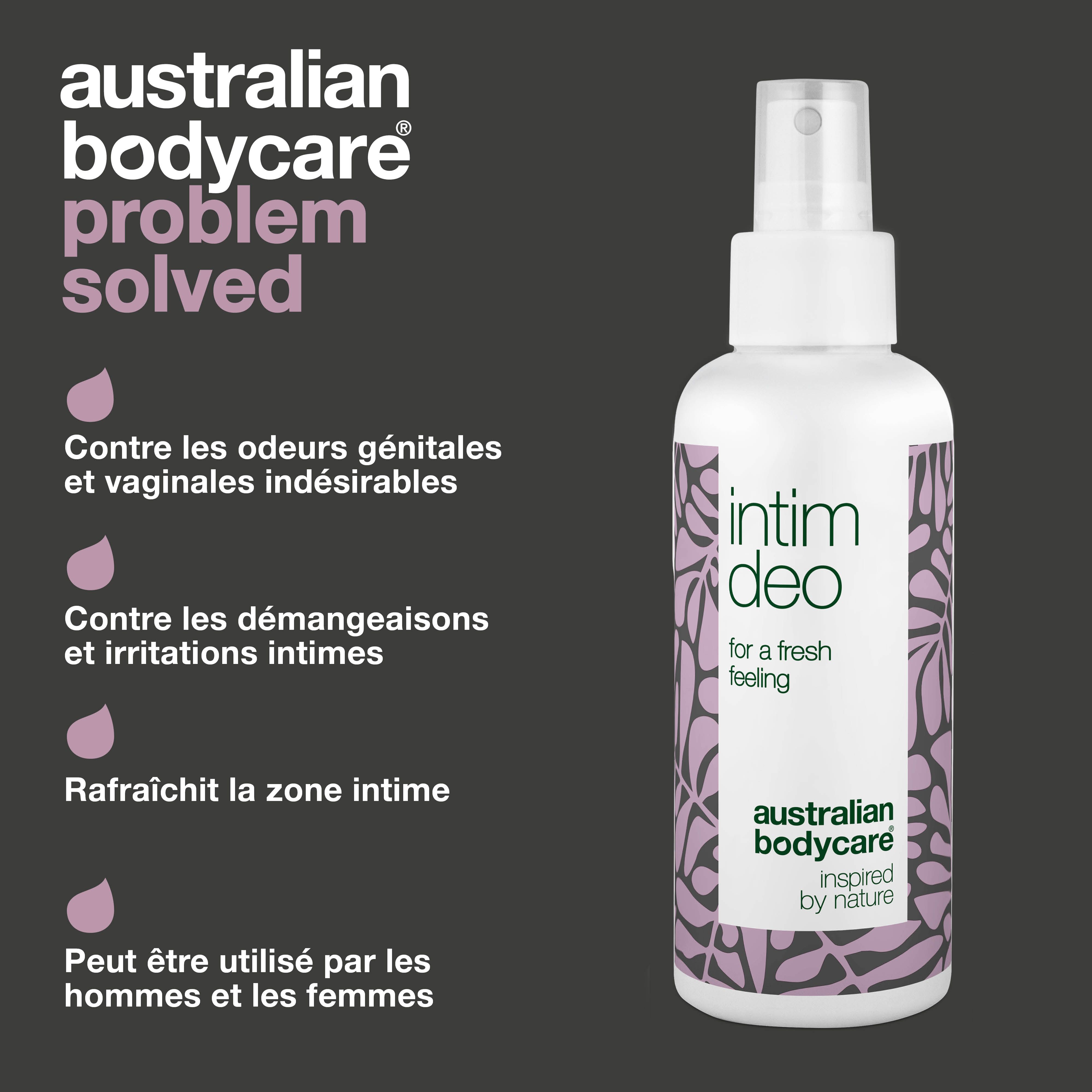Publicité produit et solution. Spray Intim Deo. Texte : Contre les odeurs génitales et vaginales indésirables.