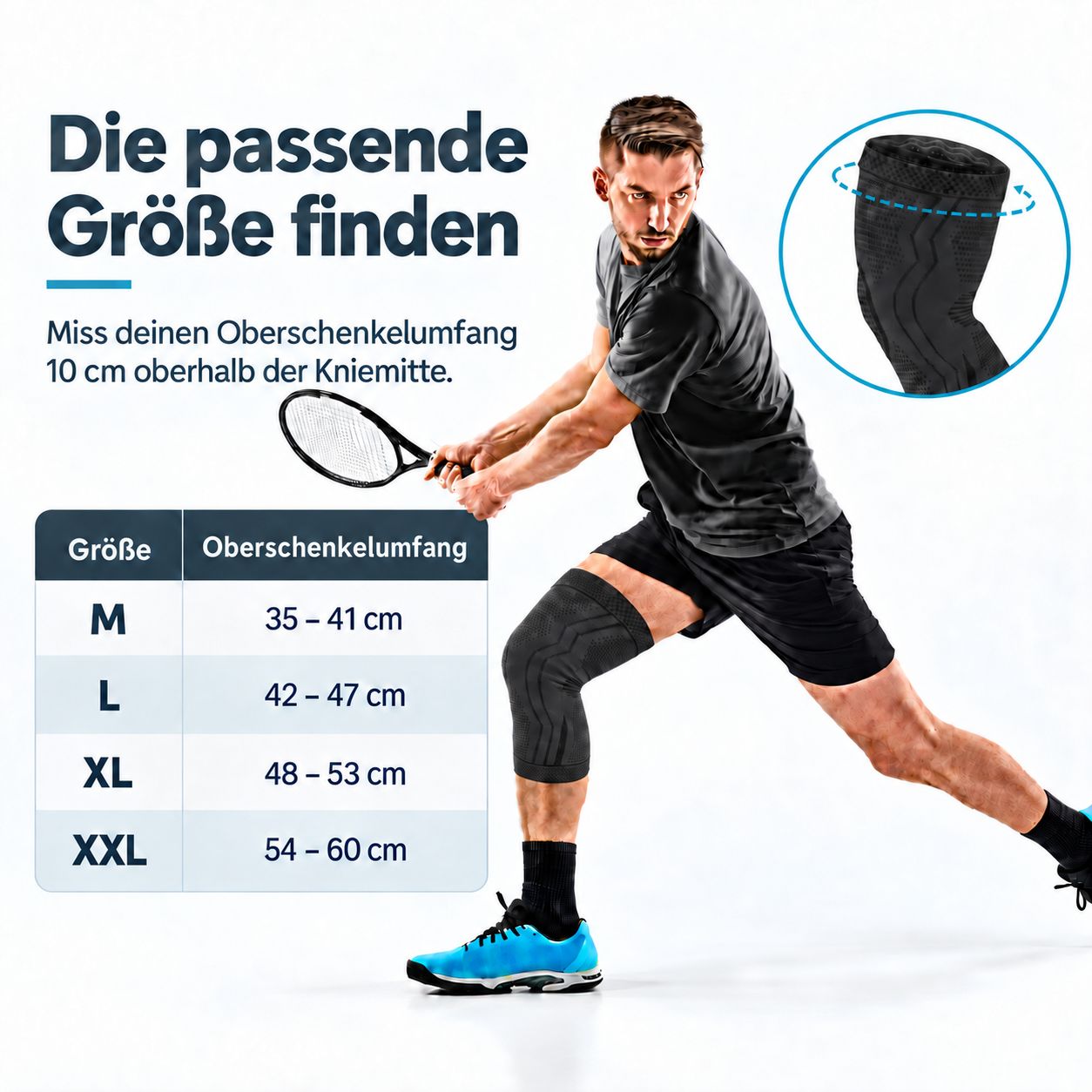 Man bij tennis met kniebandage. Maattabel voor AGILE NOW Kniebandage Performance Up: meet bovenbeenomvang 10 cm boven de knie.