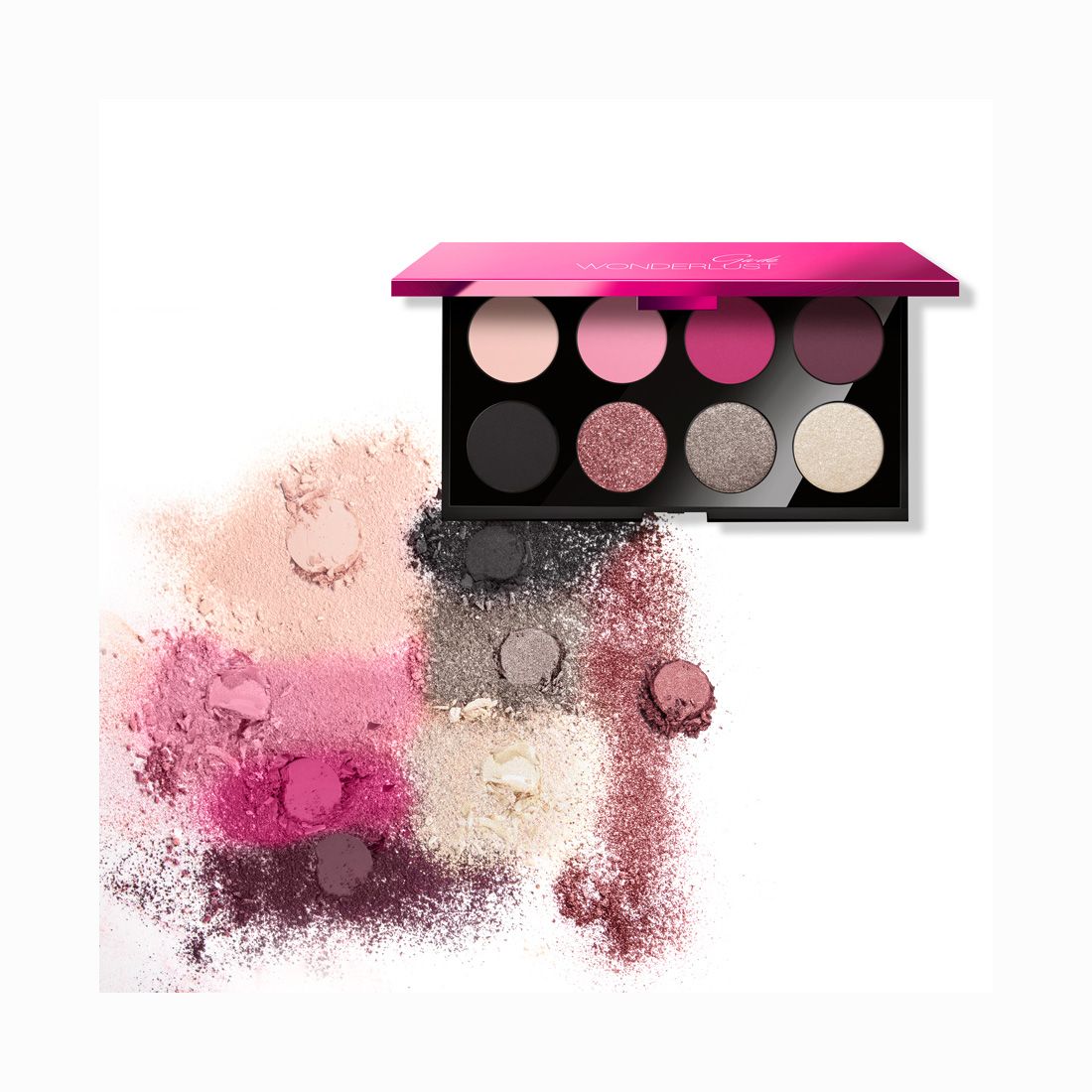 Palette de fards à paupières Ga-De Wonderlust, huit teintes, étui noir avec couvercle rose. Échantillons de couleurs en dessous.
