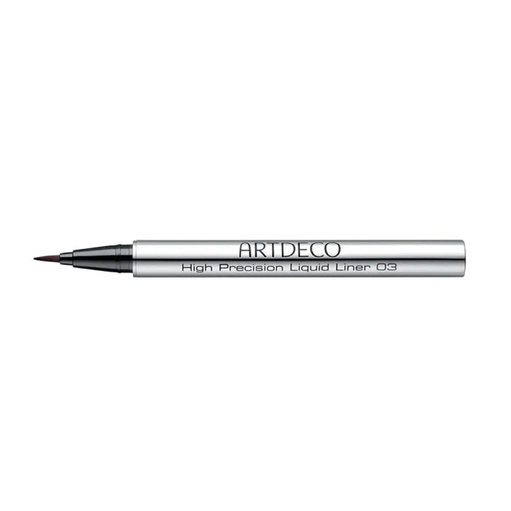 Vloeibare eyeliner. Zilverkleurige pen met zwarte punt. Opschrift: ARTDECO, High Precision Liquid Liner 03.