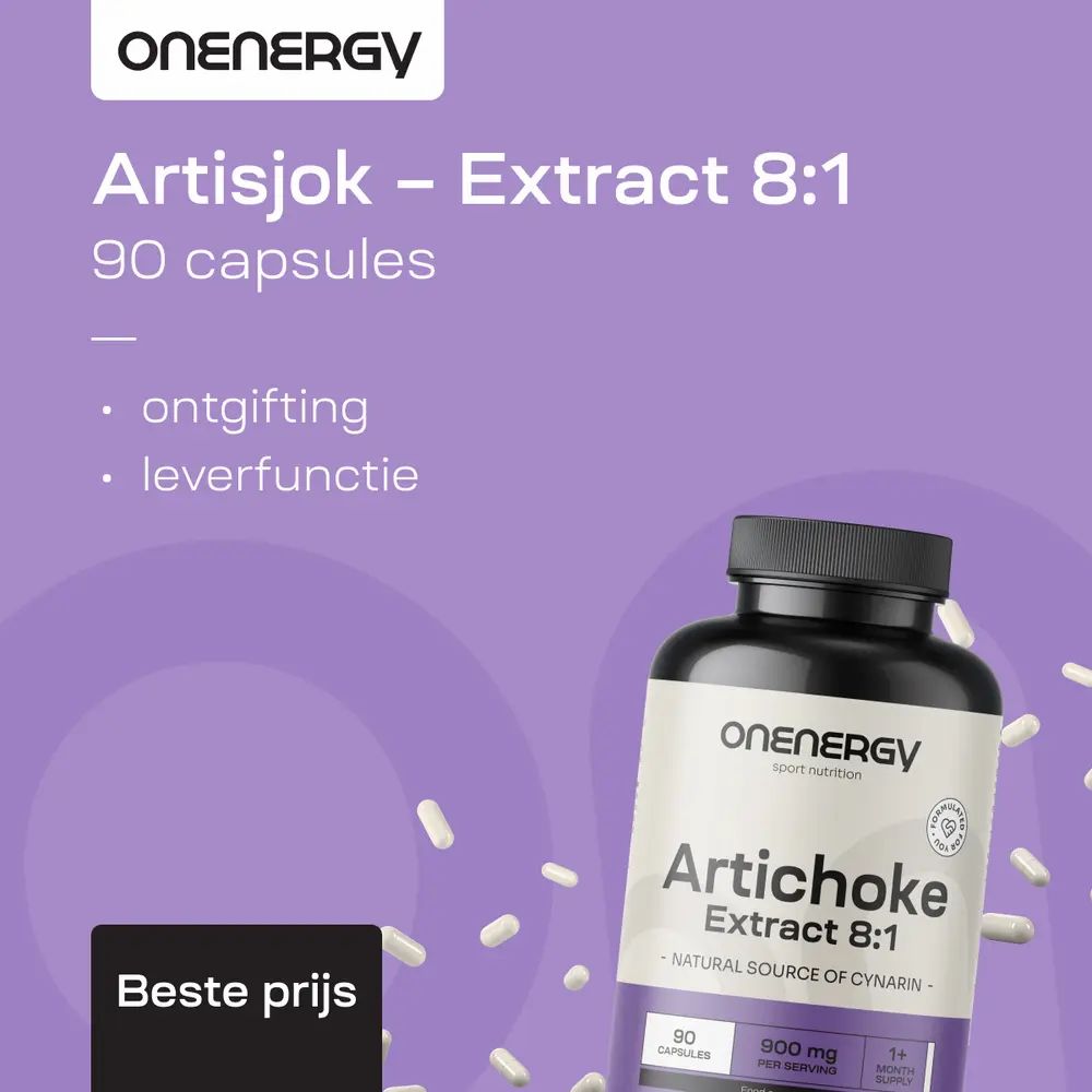 Fles OnEnergy Artisjok Extract 8:1, 90 capsules, met opsommingstekens voor Detox en leverfunctie.