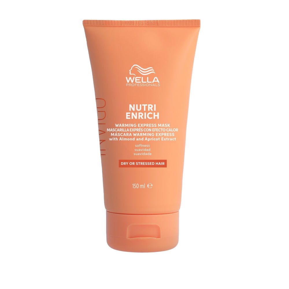 Oranje tube met wit logo en tekst. Bevat "Nutri Enrich" en "Warming Express Mask". 