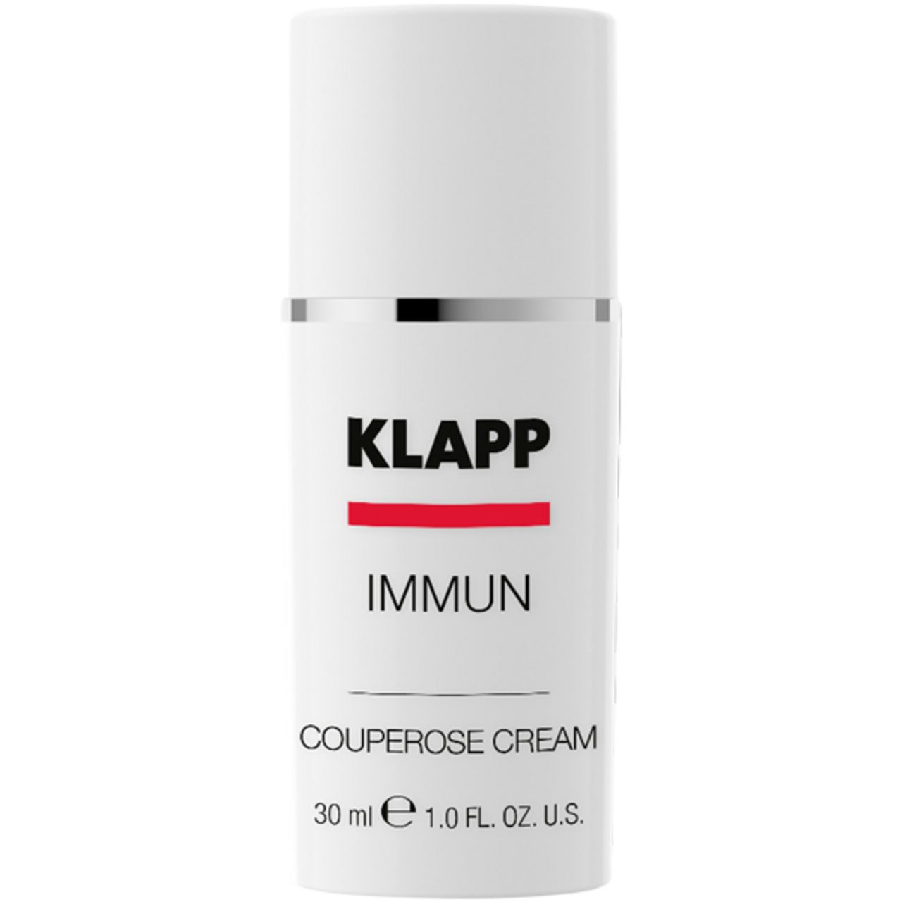 Witte fles met zilveren ring. KLAPP, rode balk, Immun. Onder: Couperose Cream, 30 ml, 1.0 FL. OZ. U.S.