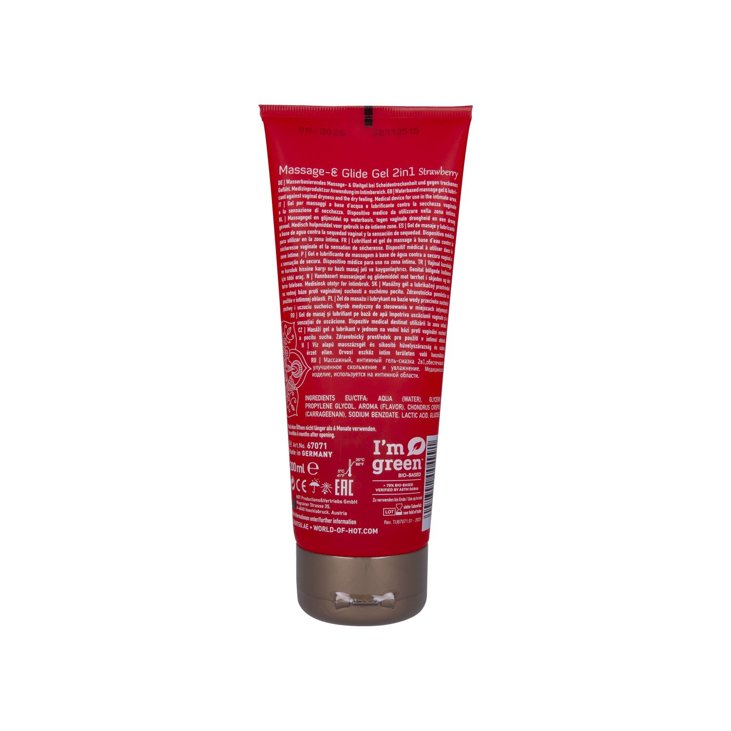 Arrière d'un tube rouge de gel 2 en 1 pour massage et glisse, parfum fraise. 200ml.