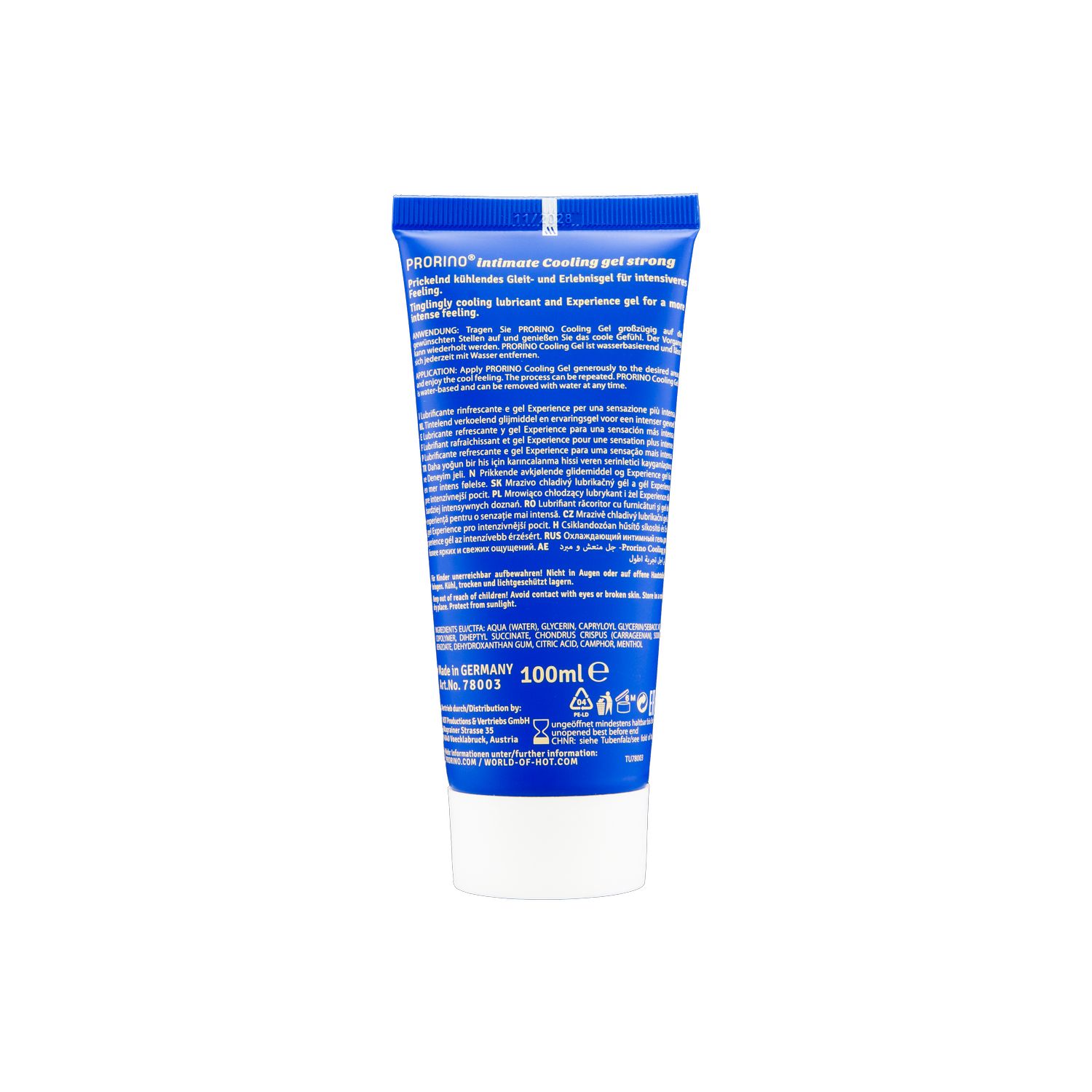 Dos d'un tube bleu. Contient du texte en plusieurs langues. Informations sur le fabricant et logos en bas.