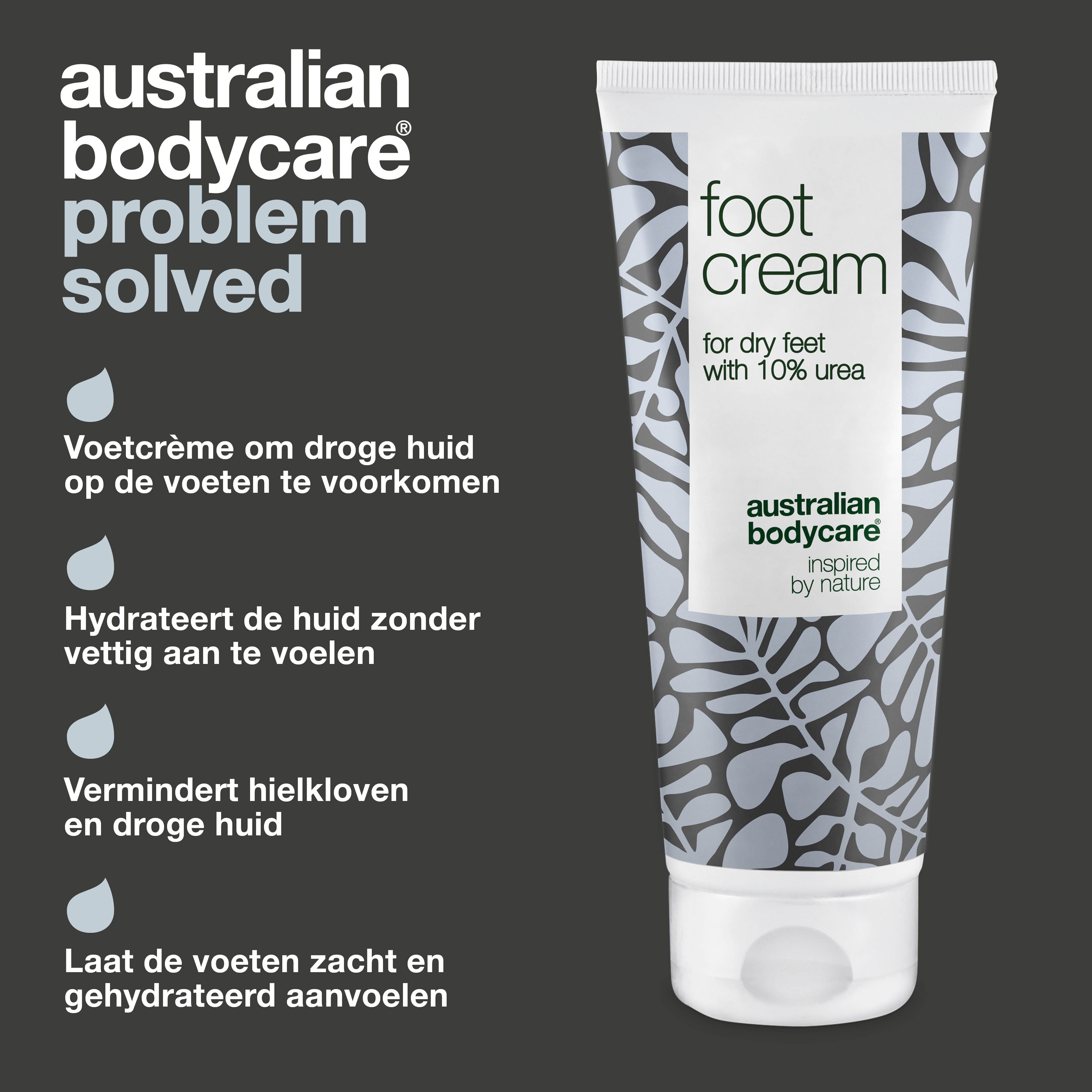 Voetcrèmetube met bloemmotief. Tekst: "foot cream" en "australian bodycare".