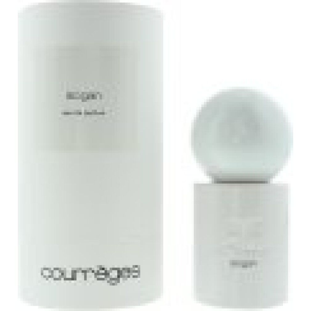 Flacon et emballage Courrèges Slogan Eau de Parfum. Boîte cylindrique blanche avec inscription.