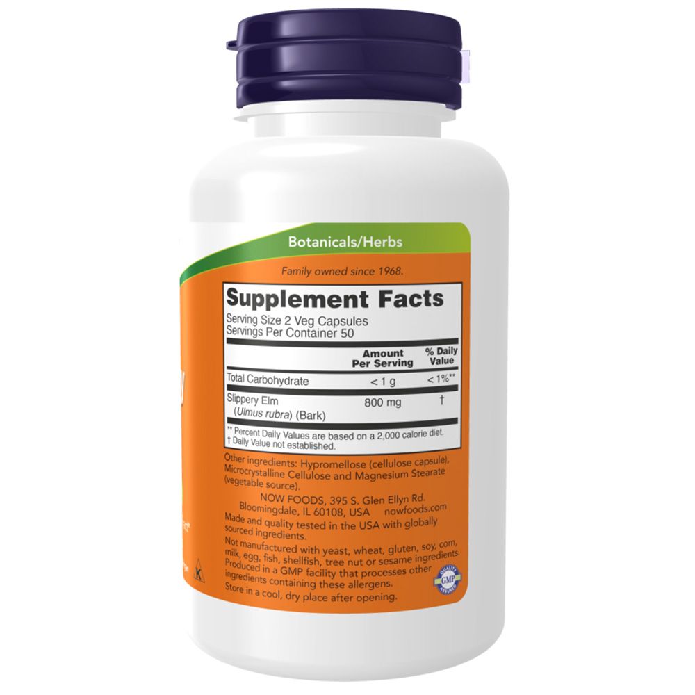 Dos du flacon. Inscription: Supplement Facts, Slippery Elm 800 mg. Contient des ingrédients. Marque: NOW.