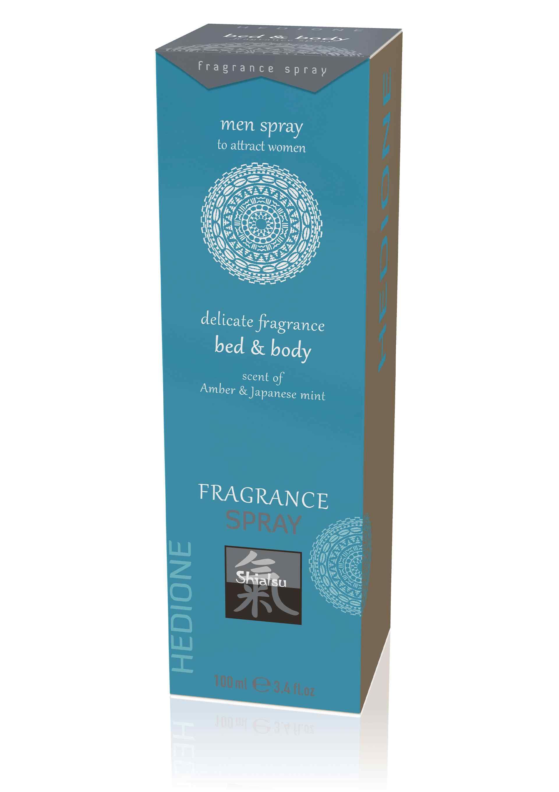 Boîte rectangulaire turquoise. Inscription: Fragrance Spray, Hedione, Shiatsu. Motif mandala. Texte: men spray to attract women, bed & body.