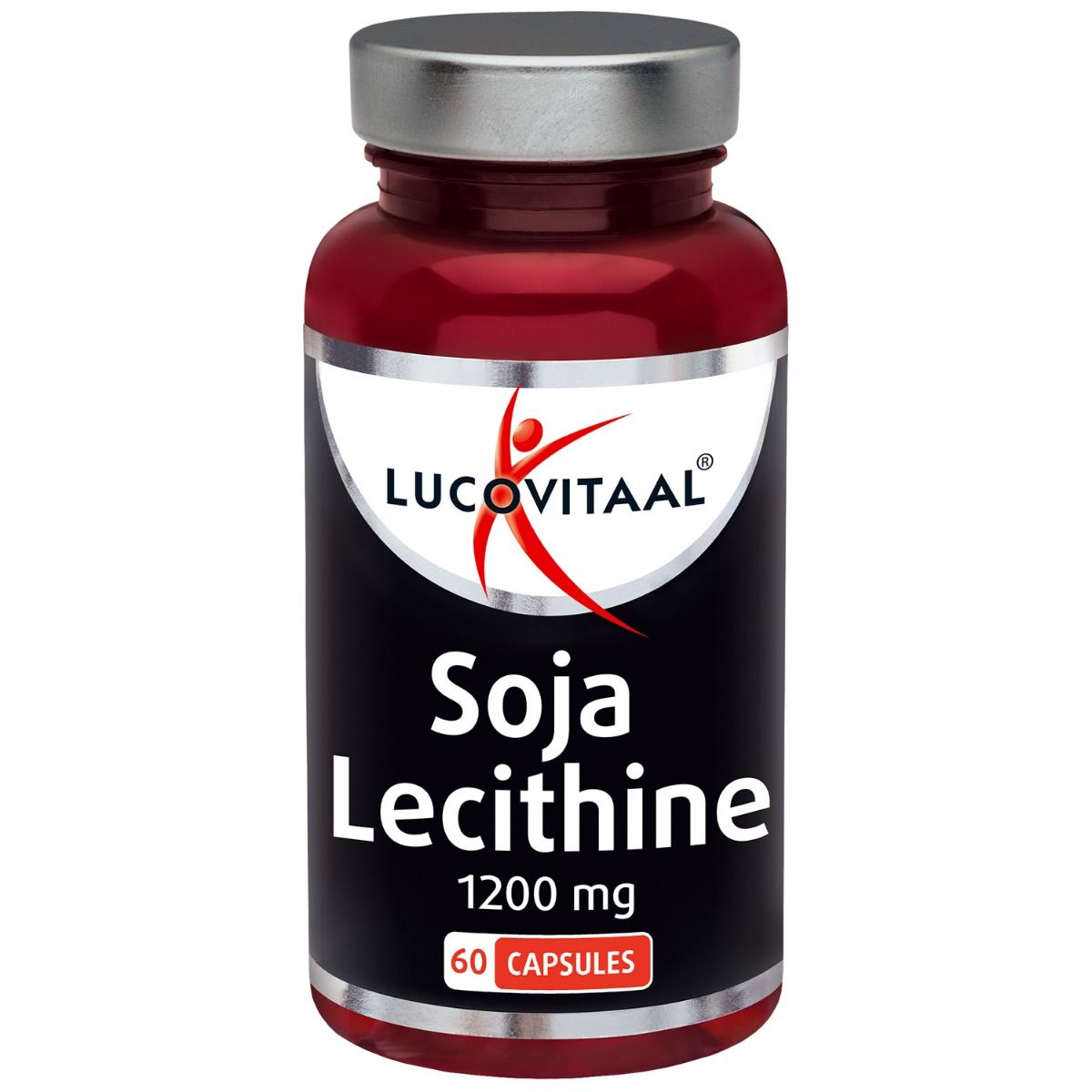 Flacon brun avec capsules. Inscription : Lucovitaal, Soja Lecithine, 1200 mg, 60 capsules.
