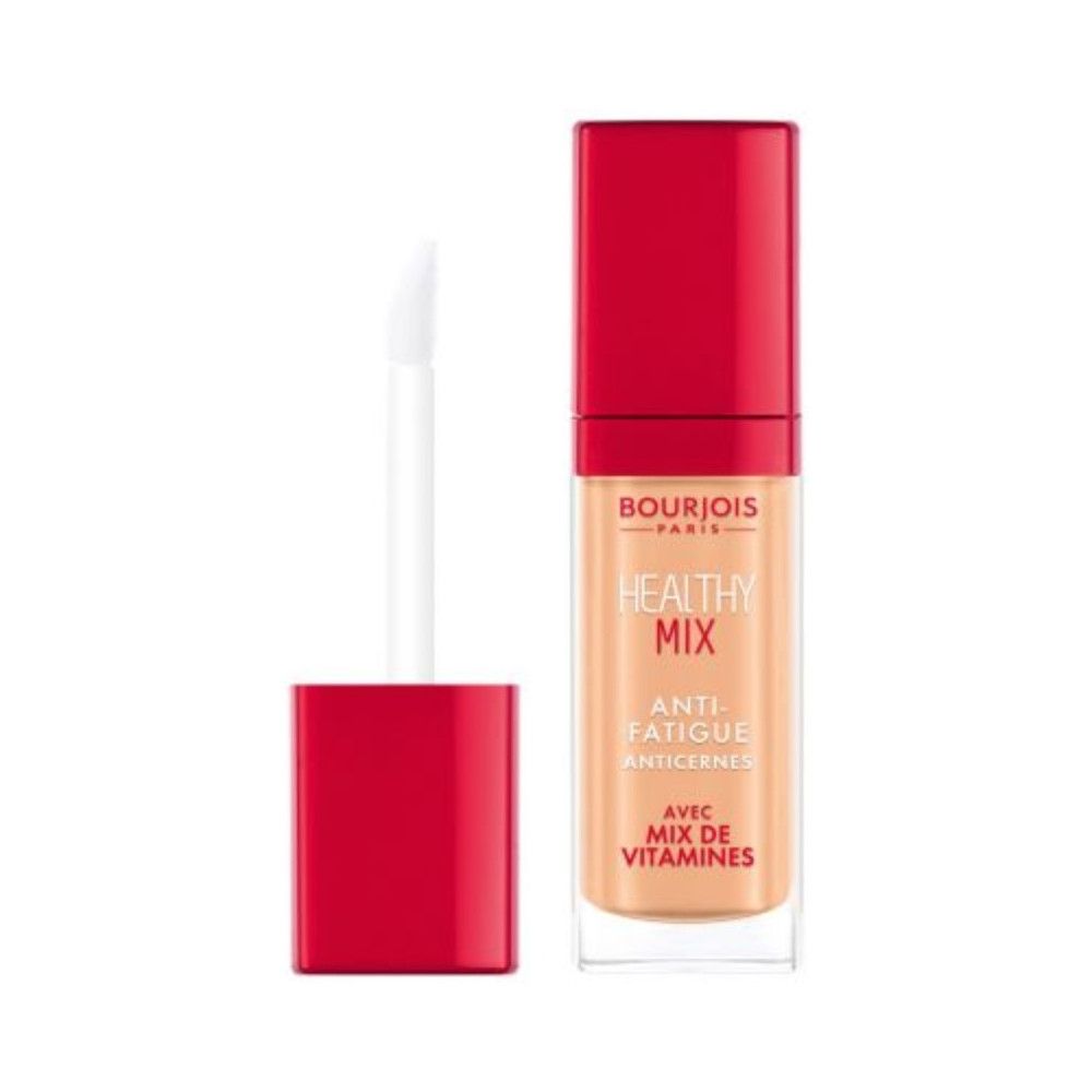 Concealerflesje met rode dop en applicator. Opschrift: Bourjois Healthy Mix Anti-Fatigue.