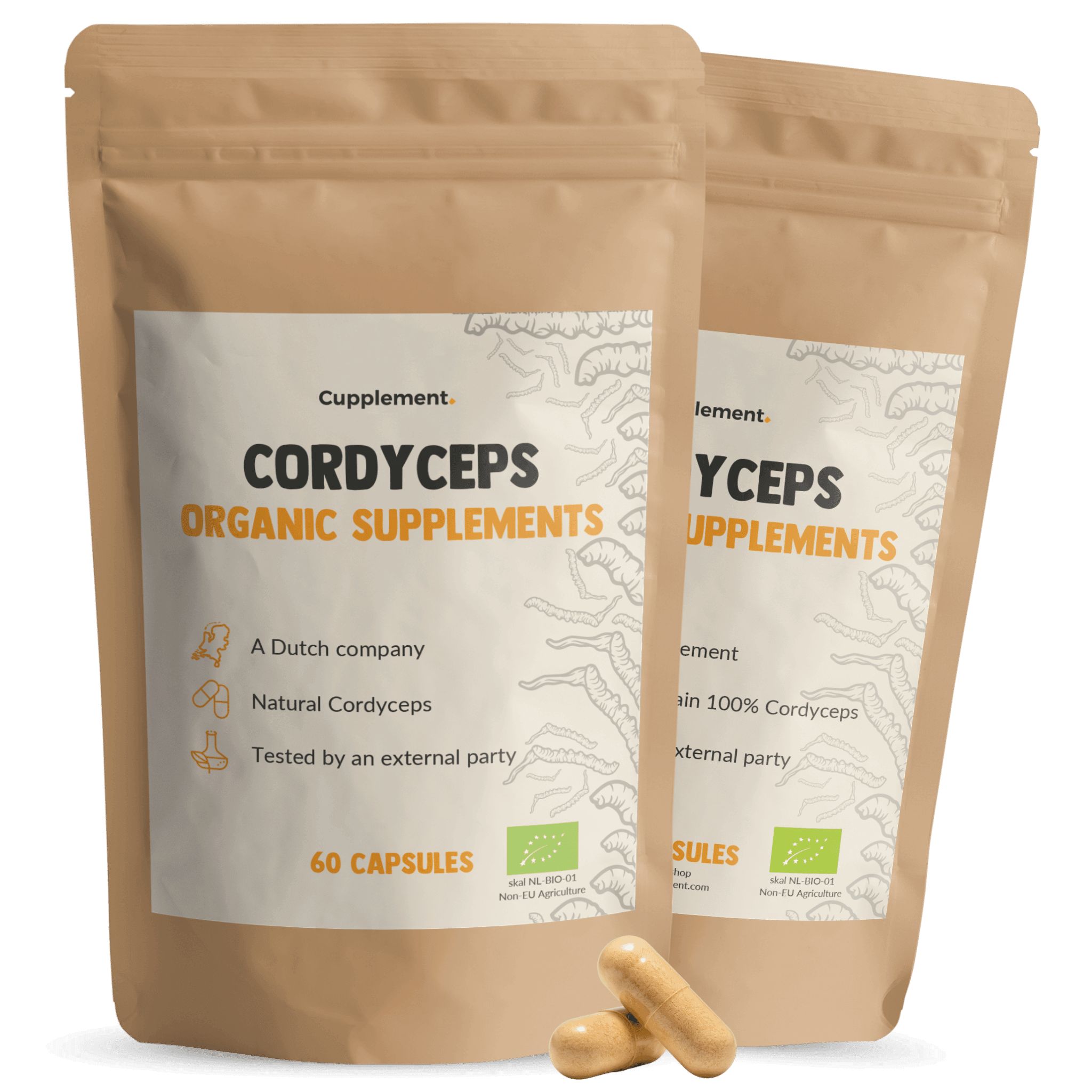 Twee zakjes Cupplement® Cordyceps Capsules. Opschrift: Cordyceps Organic Supplements, 60 capsules. Twee capsules ernaast.
