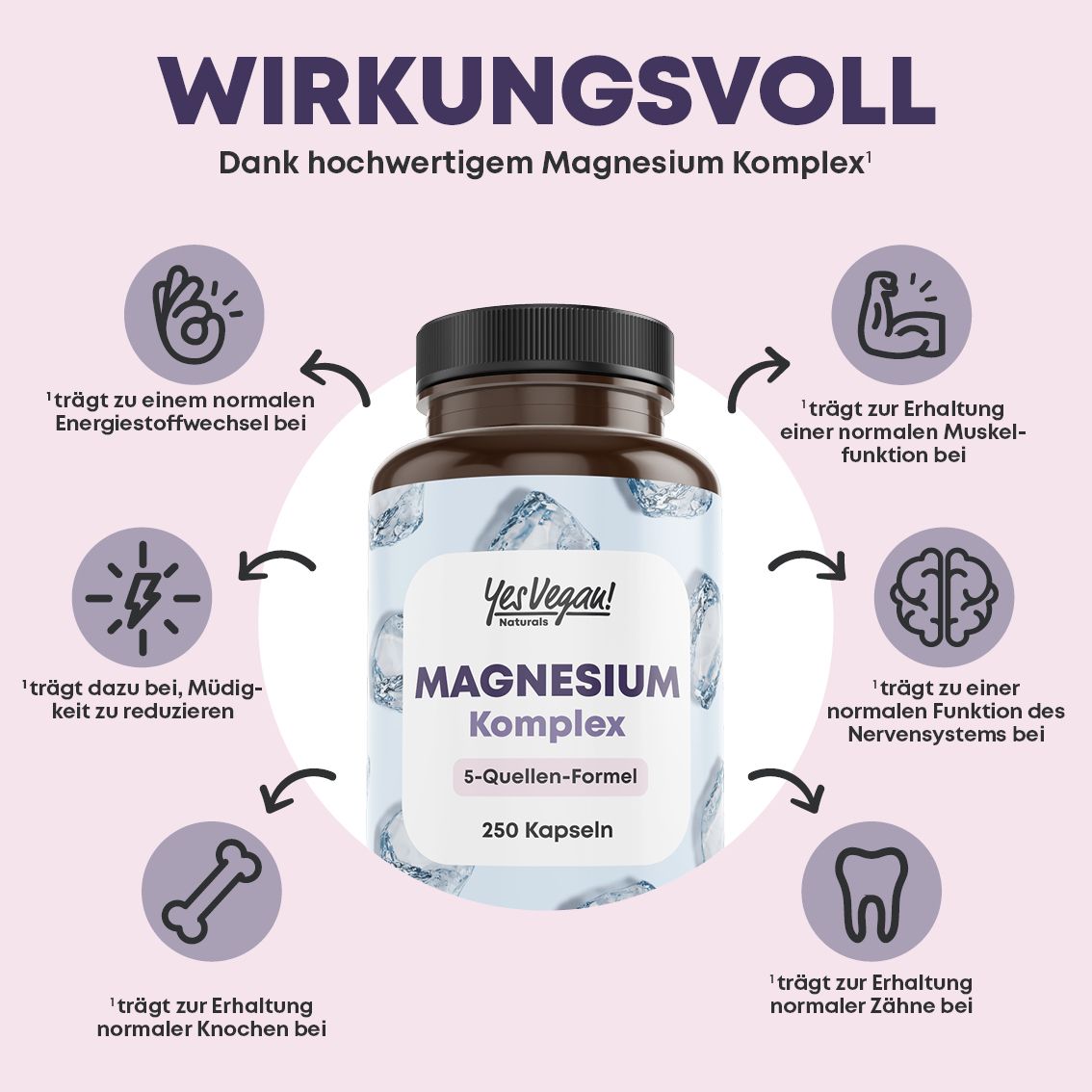Flacon de 250 gélules de magnésium, formule 5 sources. Bénéfices pour l'énergie, les muscles, les nerfs et les os.